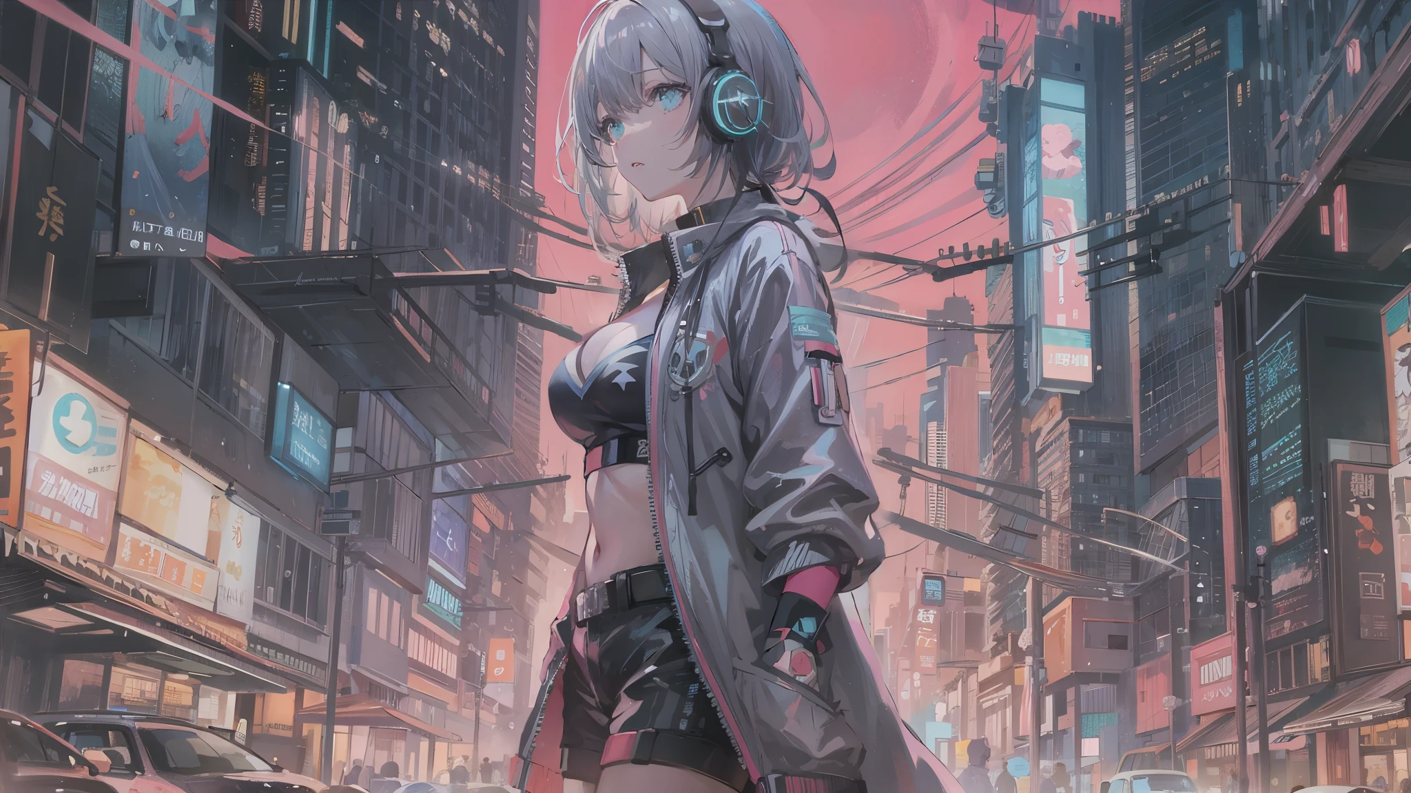 masterpiece,Anime-style illustration showing a young woman in her 20s wearing a futuristic plunging outfit, facing right, Stand in the middle of the street in a cyberpunk nightlife district. sheはピンクがかった黒髪の長い髪を持っています、Wearing pink glowing headphones. big breasts、she&#39;You&#39;re still looking up at the starry sky, but、sheの視線と体はフレームの右側を向いています. The scene should be lively, Reflects a cyberpunk aesthetic, ネオンと未来的な建物がsheを取り囲んでいます. The hustle and bustle of the city continues, but、sheは&#39;peace in the midst of chaos, Immerse yourself in the sights and sounds of the night. In the image、Must capture the calm sky above and the vibrant urban environment。, sheの新しい方向性を強調する.
