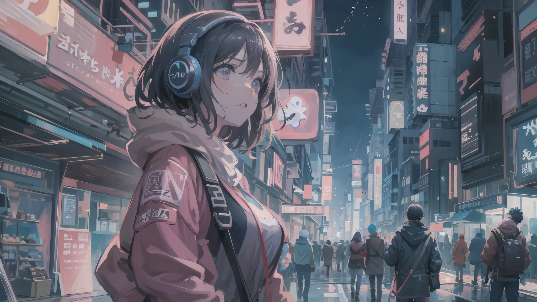 masterpiece,Anime-style illustration showing a young woman in her 20s wearing a futuristic plunging outfit, facing right, Stand in the middle of the street in a cyberpunk nightlife district. sheはピンクがかった黒髪の長い髪を持っています、Wearing pink glowing headphones. big breasts、she&#39;You&#39;re still looking up at the starry sky, but、sheの視線と体はフレームの右側を向いています. The scene should be lively, Reflects a cyberpunk aesthetic, ネオンと未来的な建物がsheを取り囲んでいます. The hustle and bustle of the city continues, but、sheは&#39;peace in the midst of chaos, Immerse yourself in the sights and sounds of the night. In the image、Must capture the calm sky above and the vibrant urban environment。, sheの新しい方向性を強調する.
