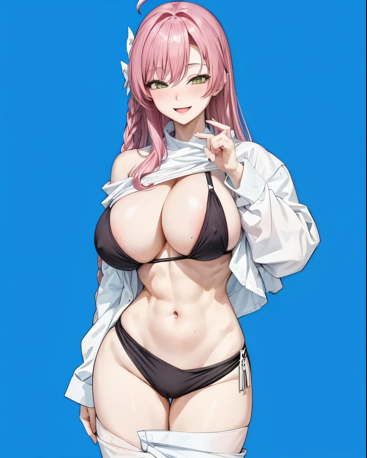 1 milf, long pink hair, very big breasts, smiling lewdly, blushing, sixpack