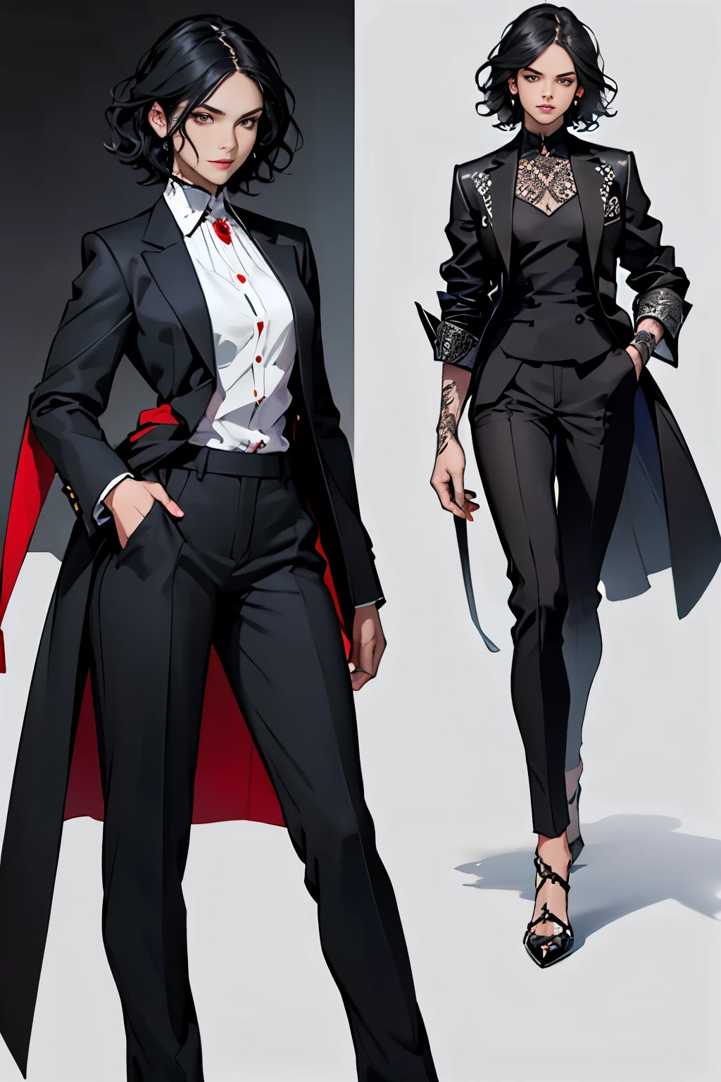 1 girl, elegant woman, wavy hair, black hair, short hair, teenager, elegant two-piece suit, jacket and dress pants, black clothes, light background, full body, teenager, tribal tattoo, white and red details, sketchbook, hand drawn hand, symbols, dark, bold, realistic sketch, sketch, mix of dark lines and loose lines, bold lines, on paper, turn on character sheet, human woman, gray eyes, full body, elegant imposing pose, a lot of details, elegant suit, symbols, runes, dark theme, black shirt, beautiful, pretty, modest