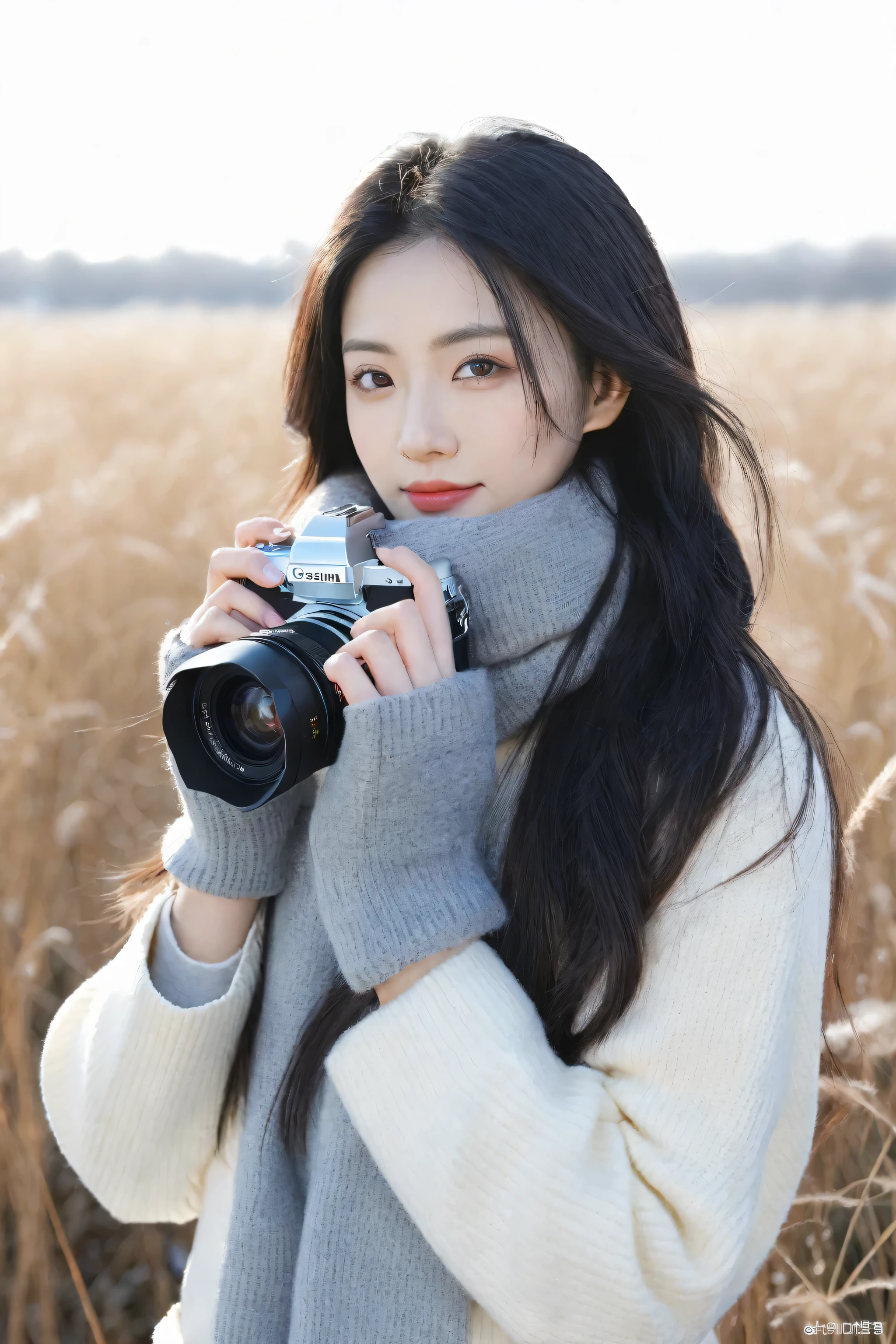 black hair、long hair、Portrait、single lens reflex camera、high resolution、4k、Winter clothes、grassland、
