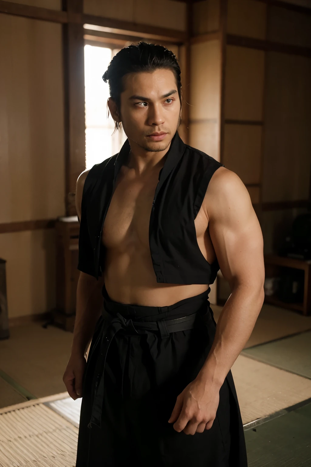 (masterpiece, best quality: 1.2), cowboy shot, solo, male focus, 1boy, roronoa zoro, green hair, scar, muscular man, looking at the viewer, (double grip: 1.2) katanas, crossed arms, japanese clothes, green kimono