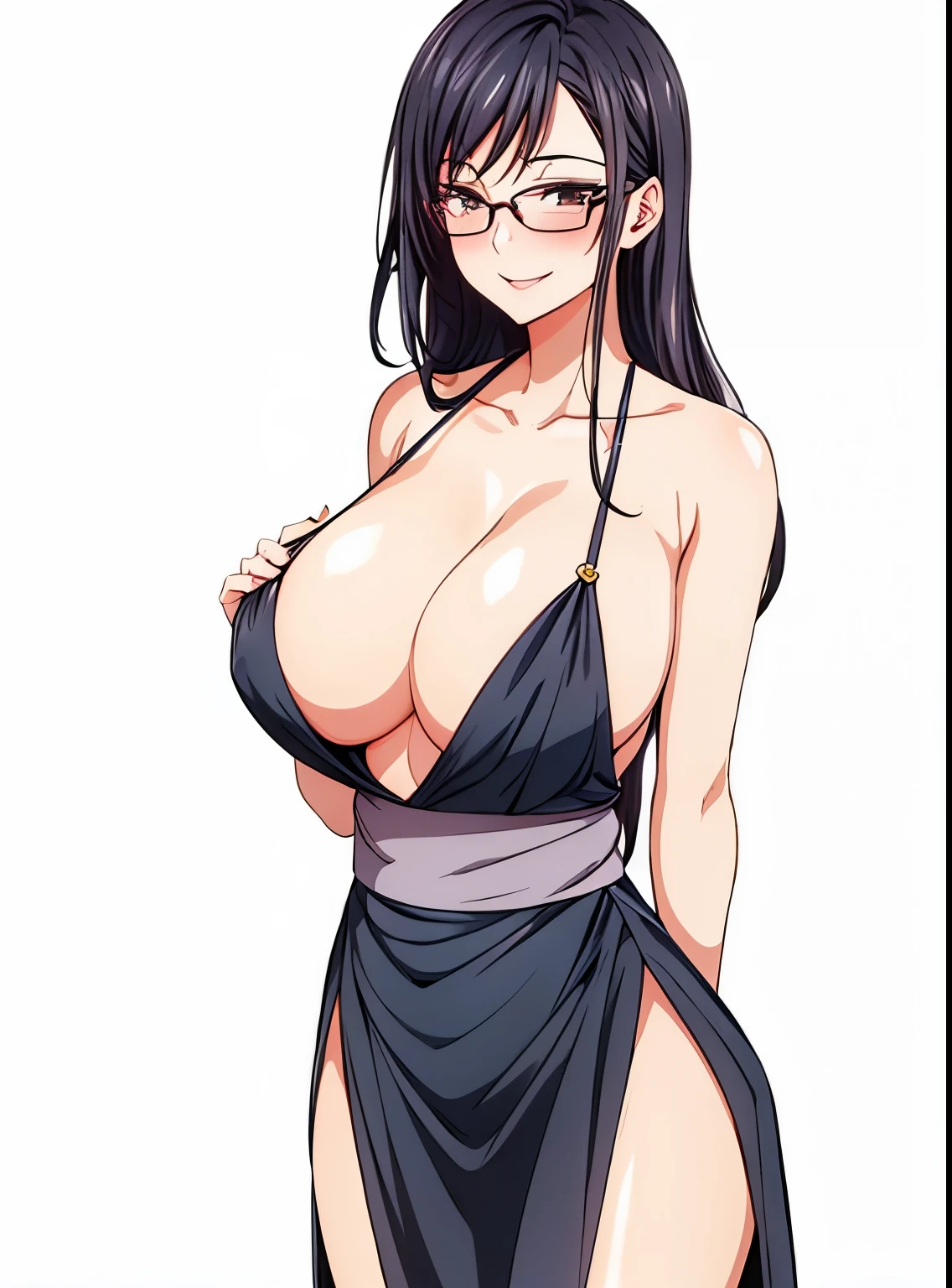 1 milf, long black hair, very big breasts, wearing glasses, smiling lewdly, blushing 