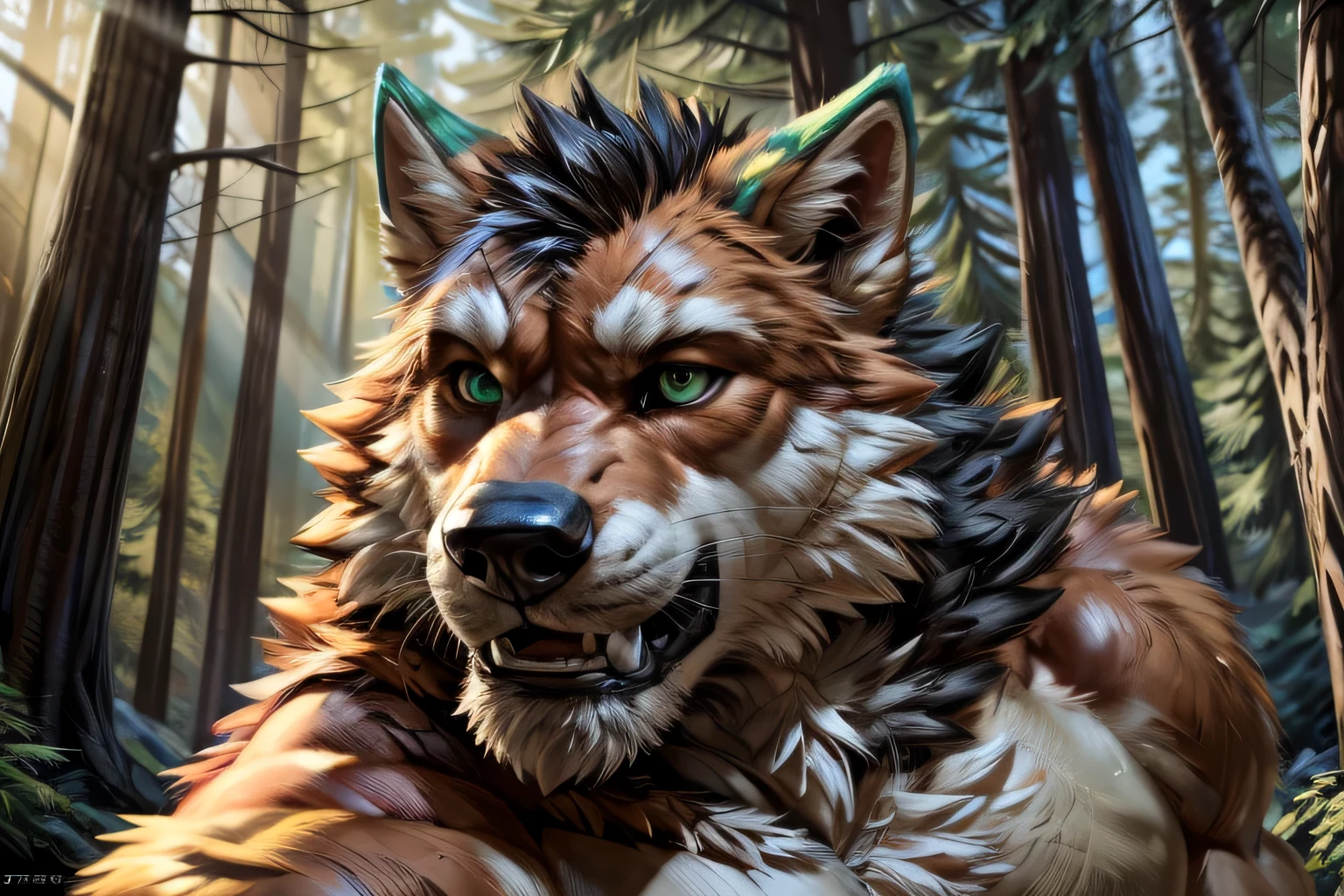 muscular feral:1.2 werewolf, posing for the camera. 4k, high resolution, best quality, perfect colors, perfect shadows, perfect lighting, posted on e621, orange furry body, orange fur, white chest, black beard, feral wolf, werewolf, solo, male, adult, green eyes, realistic eyes, looking at camera, masculine, (muscular, dense build:1.4, muscular shoulders, strong pecs), correct anatomy, dad body, (photorealistic fur, detailed fur, epic, masterpiece:1.2), (detailed forest, jogging, sunshine:1.2), sexy shadows, (by echin, by Taran Fiddler, by takemoto arashi, by Traver009, by Juiceps), (detailed eyes:1.2), impressive physique, struggling, bothered face, exhausted, detailed eyes, looking at camera, (close-up):1