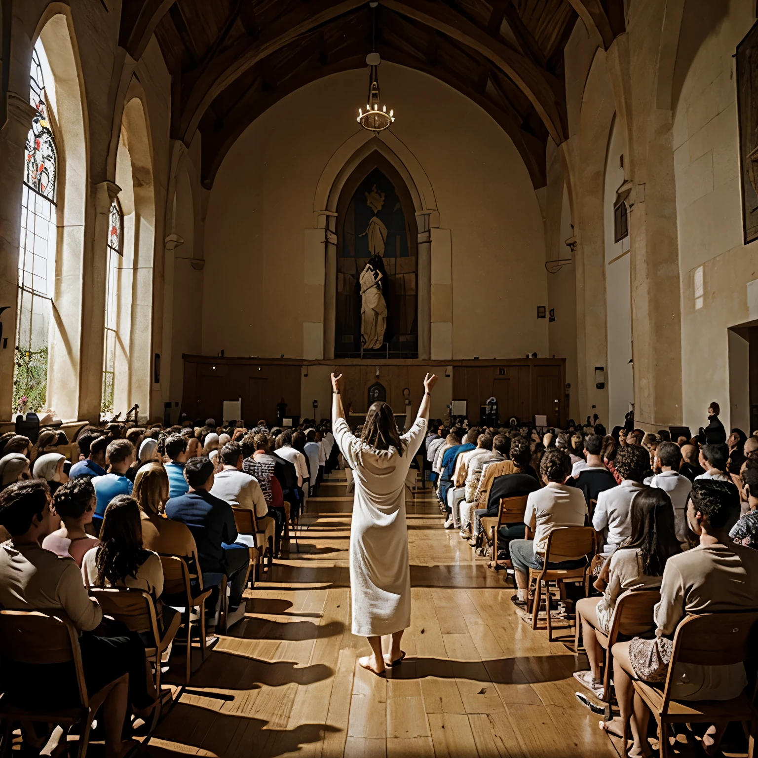 A gathering of people worshipping and praising God in a hall and the image of Jesus Christ holding a lamb waving to them