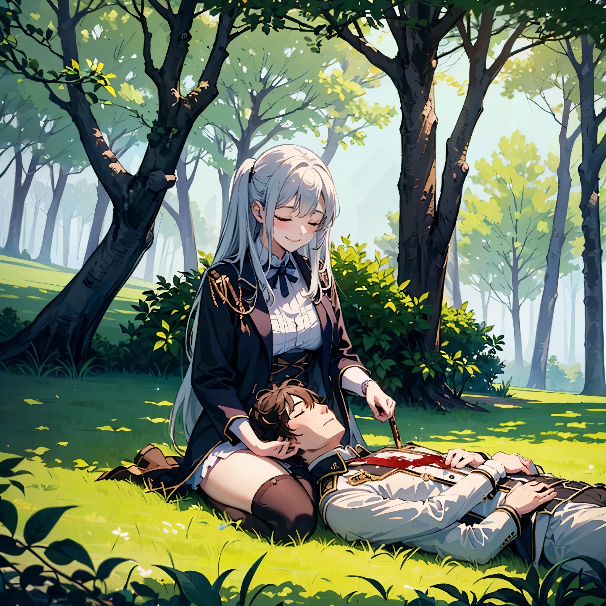 1 man, 1 woman, couple, ((man sleeping in woman's lap)), lap pillow, closed eyes, smiling gently, under the shade of a tree, (bloodstained sword lying beside them), peaceful vibes