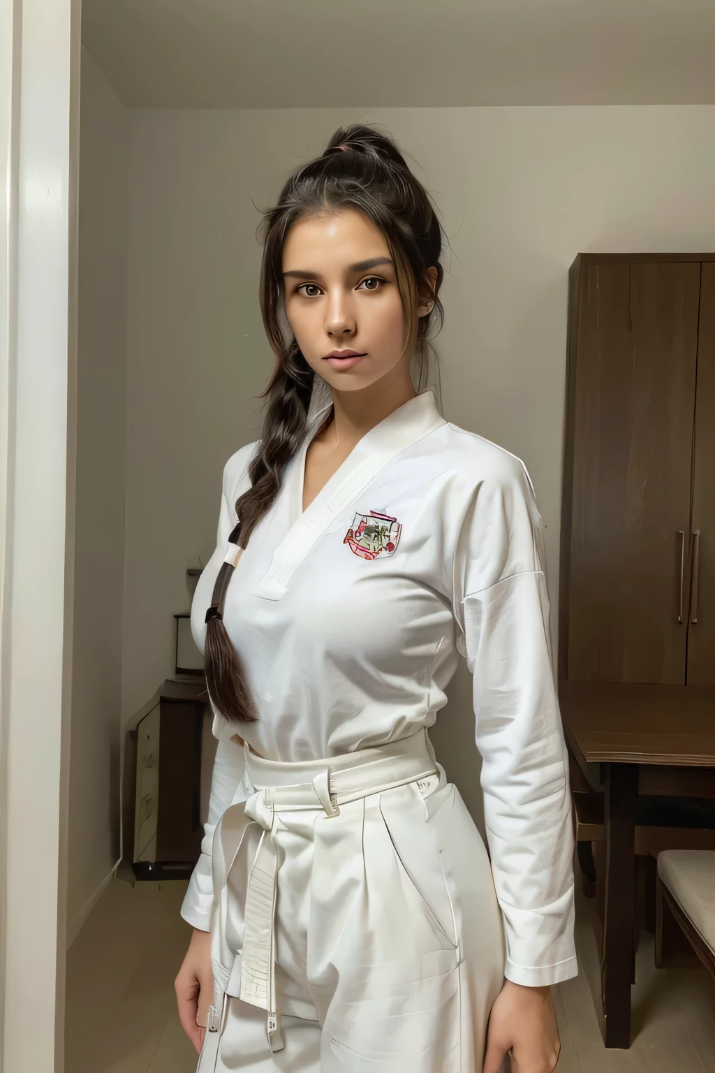 (((Masterpiece, highest quality, high definition, high detail)))), 21year old girl, beautiful, big tits, black hair color, long hair, ponytail hair, long-sleeve,long trousers, Karate techniques, ready to fight, White Karate Uniform, Beautiful face, looking at the camera, dojo