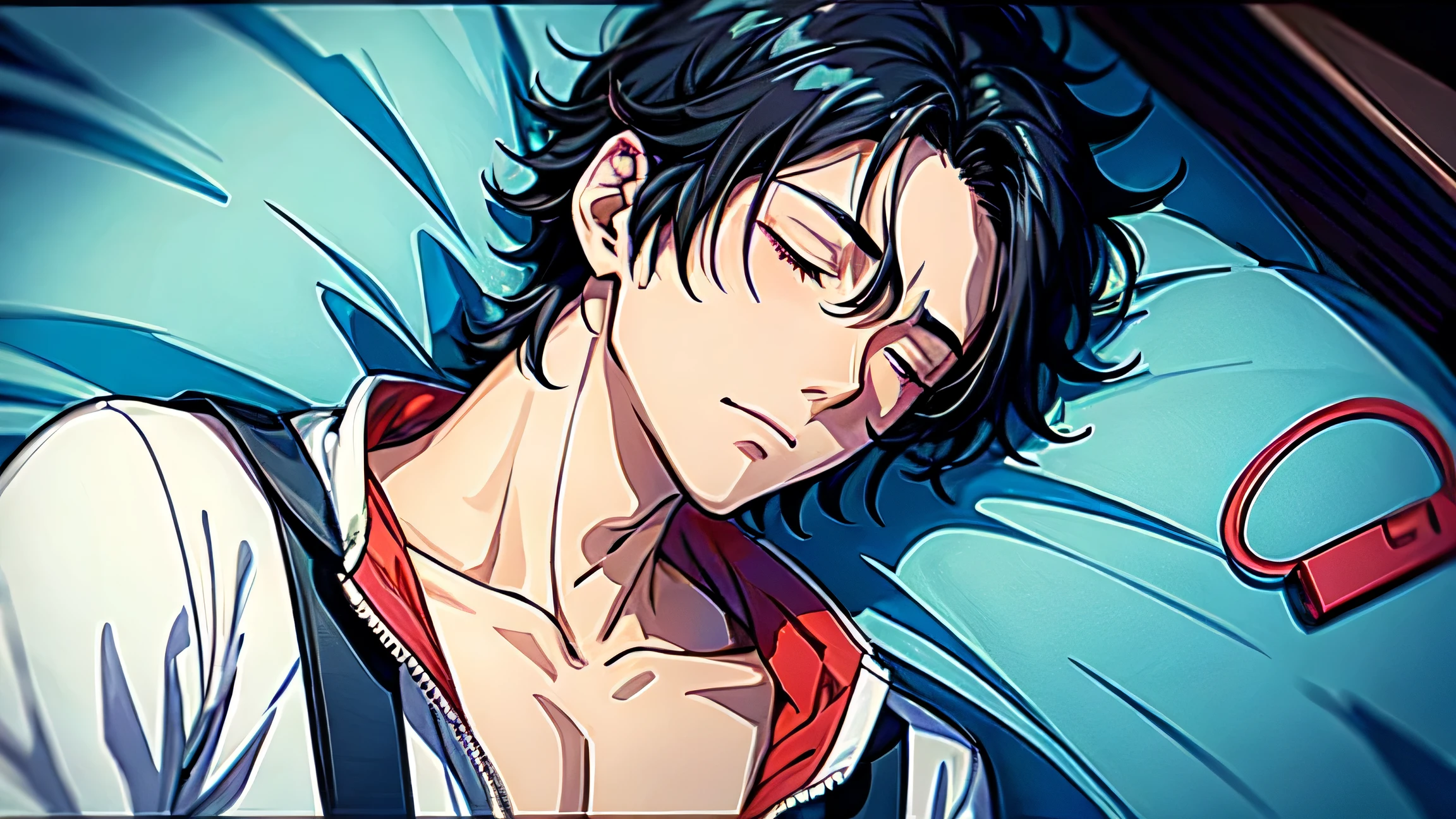 1 boy,black hair, (sketch:1.2), anime key visual, midnight, city pop,Dozing off,High definition,inside the room,Handsome guy,sleeping face,muscle