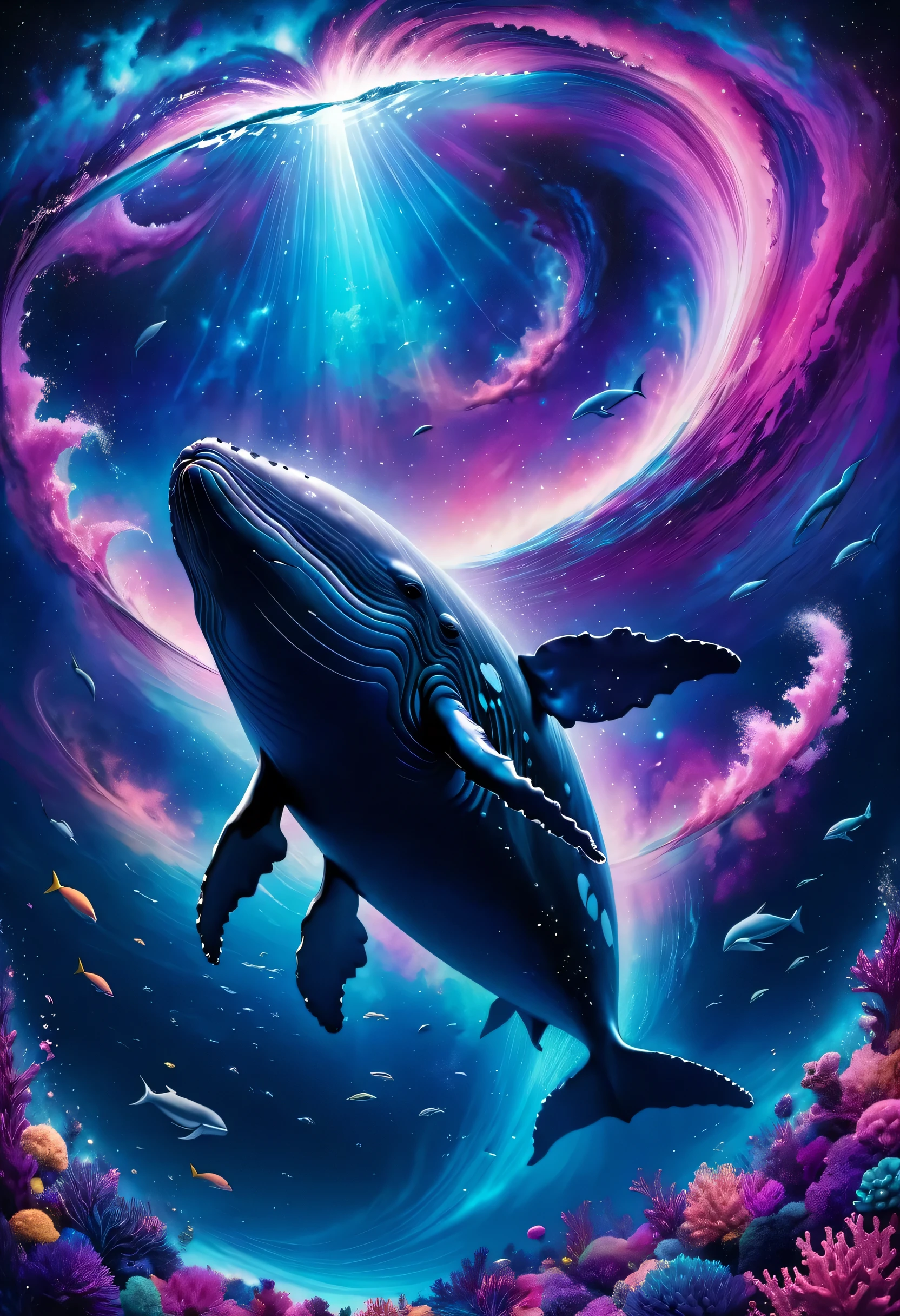 Wide angle shot of a big whale swimming through the galaxy with abstract purplish blue pink color in the backdrop.