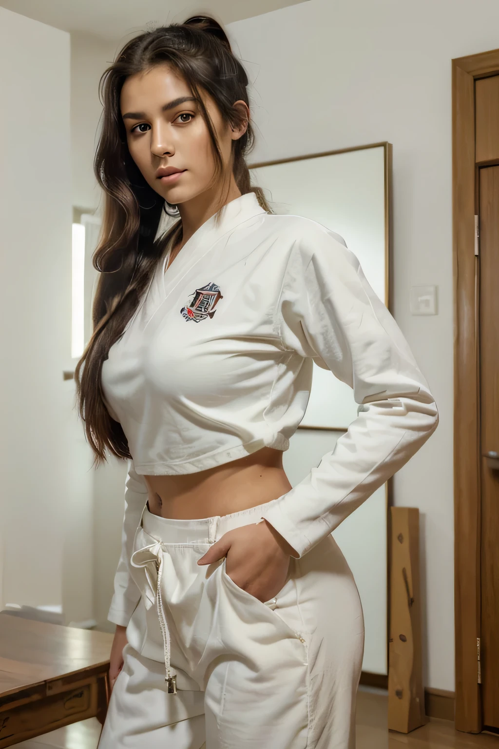 (((Masterpiece, highest quality, high definition, high detail)))), 21year old girl, beautiful, big tits, black hair color, long hair, ponytail hair, long-sleeve,long trousers, Karate techniques, White Karate Uniform, Beautiful face, looking at the camera, dojo