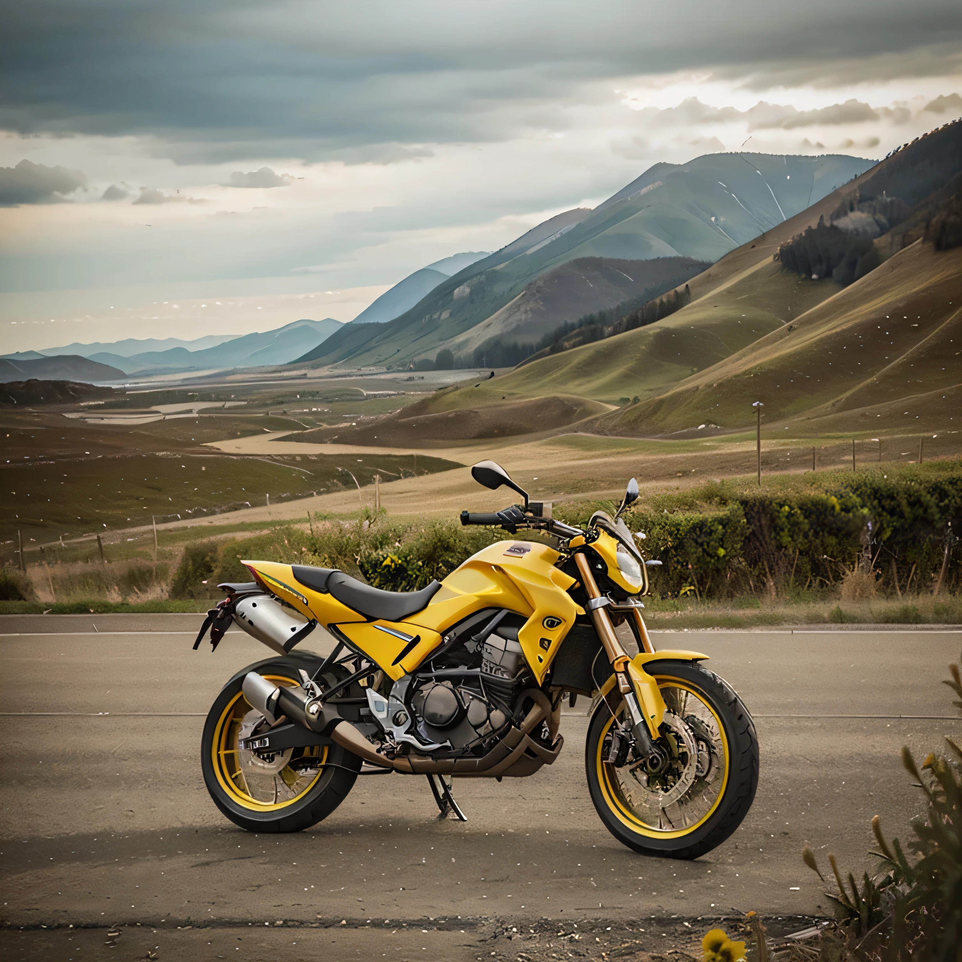 Naked yellow motorbike amazing landscape 