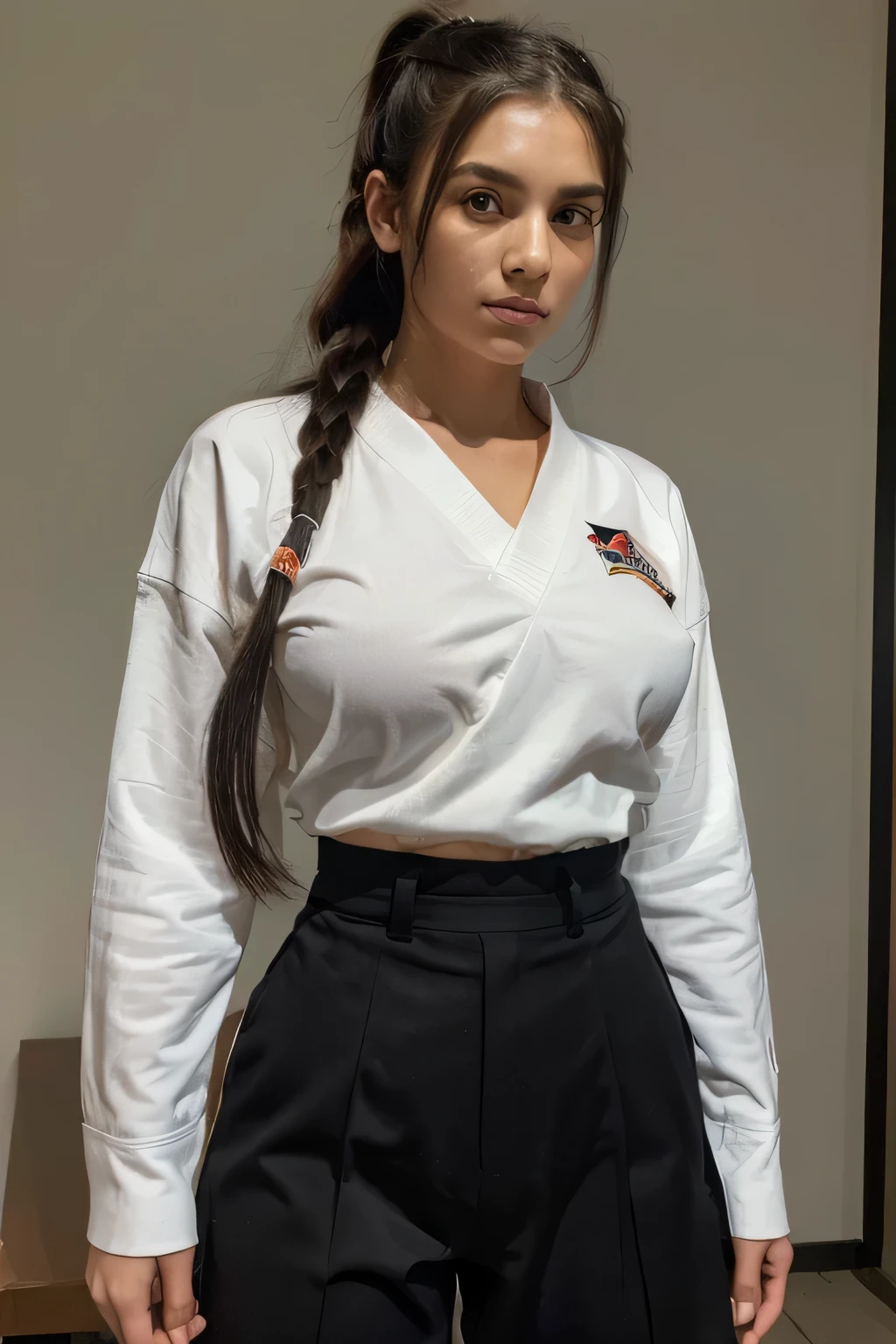(((Masterpiece, highest quality, high definition, high detail)))), 21year old girl, beautiful, big tits, black hair color, long hair, ponytail hair, long-sleeve,long trousers, Karate techniques, White Karate Uniform, Beautiful face, looking at the camera, dojo