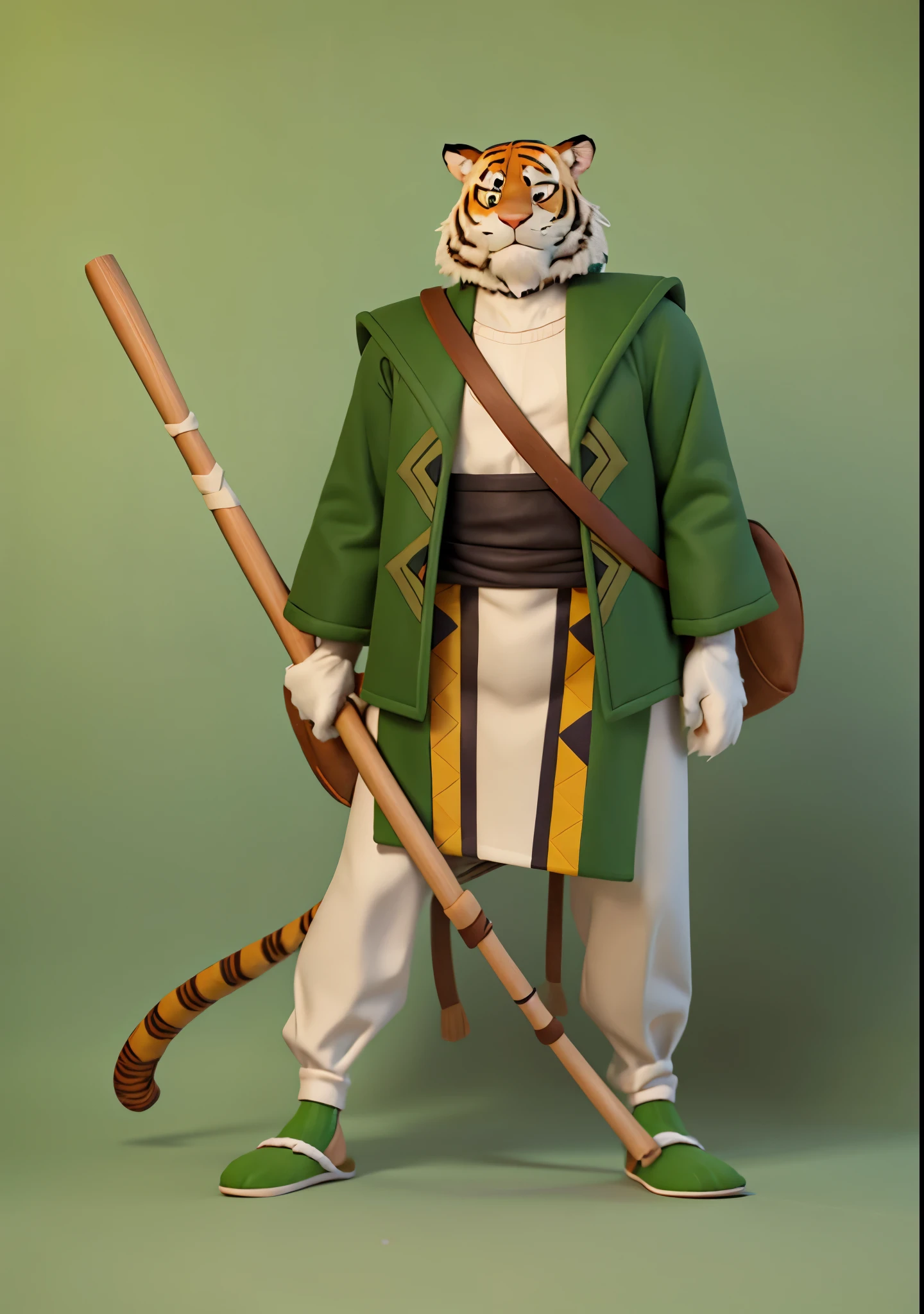 3d rendered, pixar, disney, weretiger, tiger, furry, ((neck and hand covered with fur)), animal paw, animal hands, furry neck, unique zigzag motive clothes, (pants), (slipper), holding wooden staff, wearing big crossbody bag, white shirt and pants, dark green jacket with yellow black ornaments