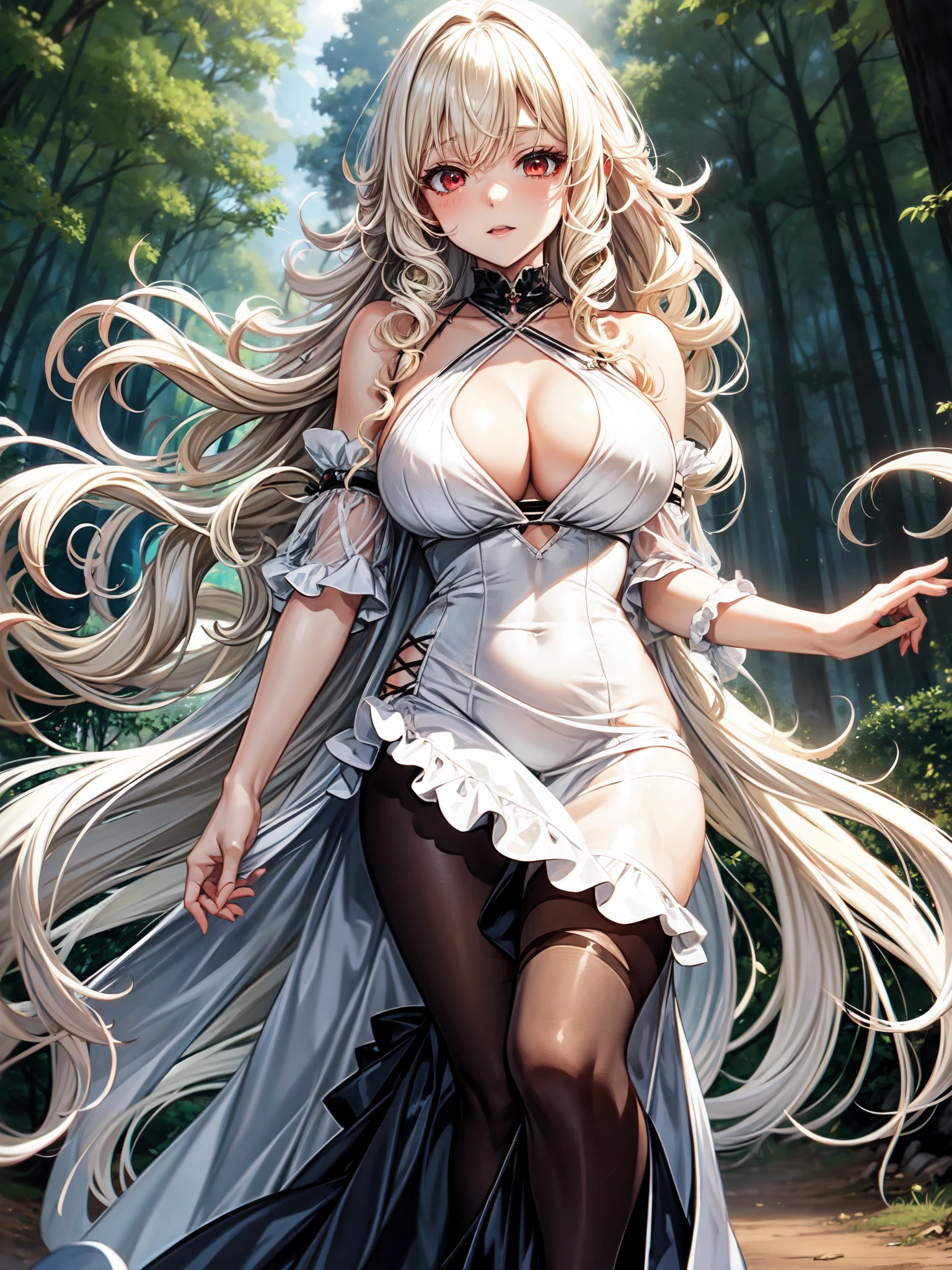 anime girl , curly white hair, wearing Halter dress top,have big breasts, dance, forest, vampire, blonde, red eyes