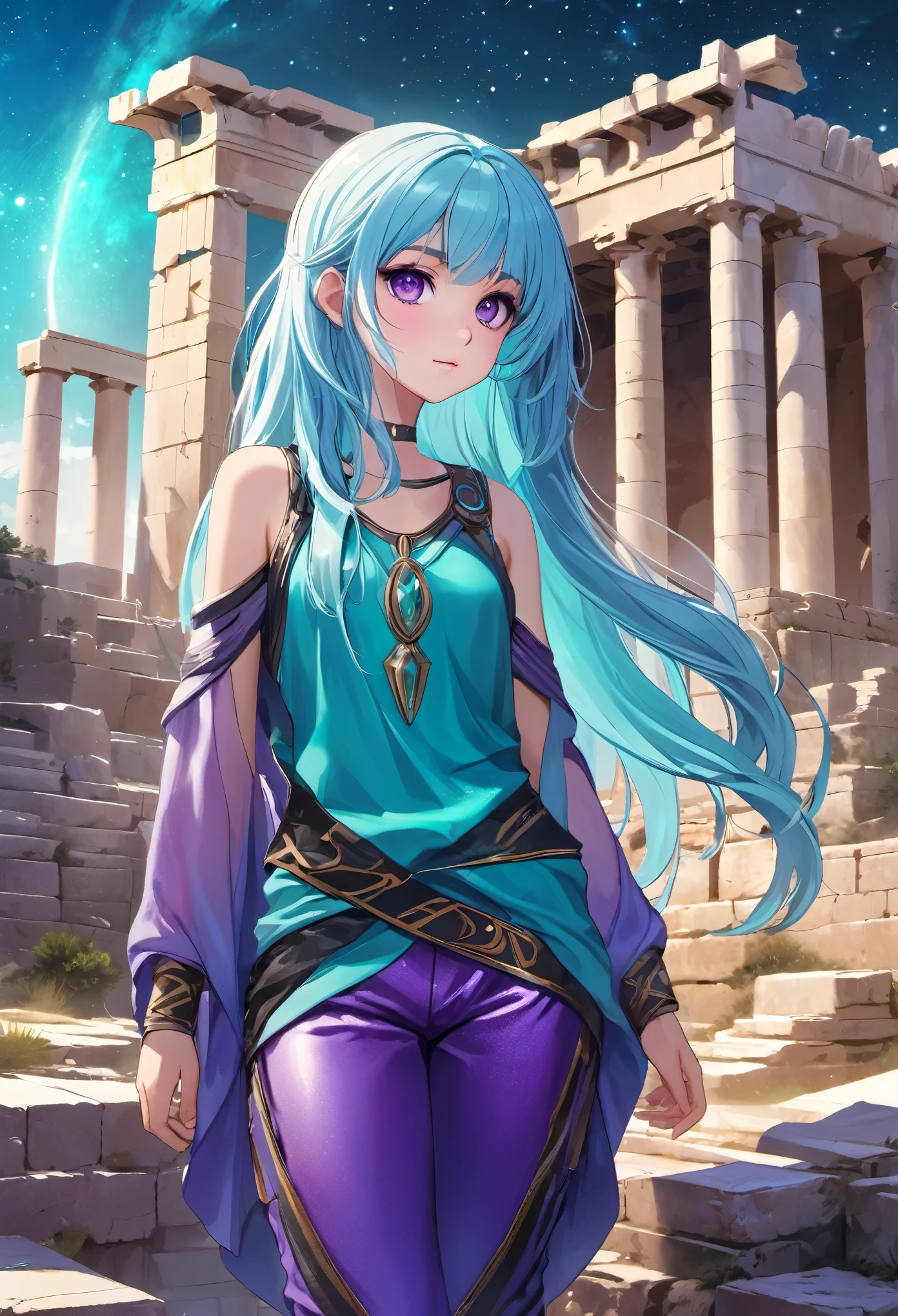 Masterpiece. High-resolution. 1girl about 20 years old. Pretty beautiful girl. Pretty big purple eyes. Delicate face. Long light blue hair. Straight hair. Messy hair. Hair bangs. Turquoise tunic. Purple tide pants. Leather boots. Greek ruins background with cosmic skies. 