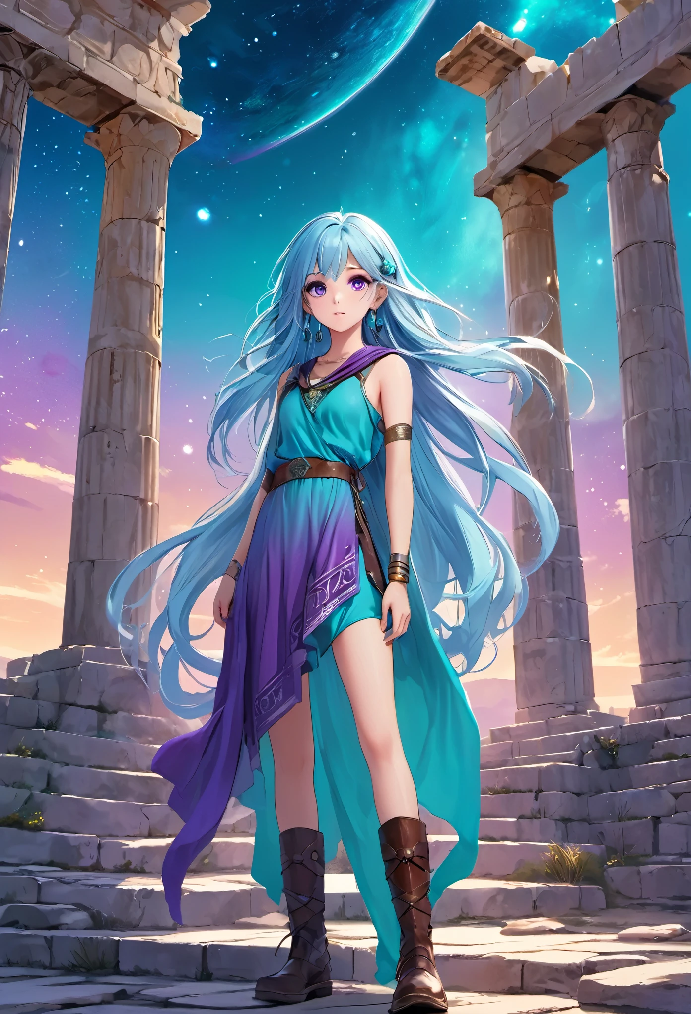 Masterpiece. High-resolution. 1girl about 20 years old. Pretty beautiful girl. Pretty big purple eyes. Delicate face. Long light blue hair. Straight hair. Messy hair. Hair bangs. Turquoise tunic. Purple tide pants. Leather boots. Greek ruins background with cosmic skies. 