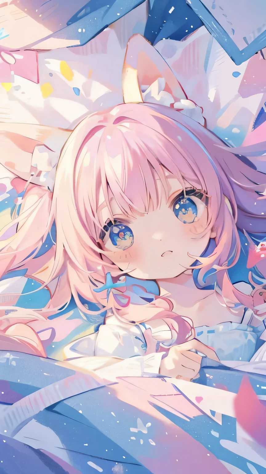 （masterpiece：1.2）、（colorful：0.9）、（color scattering）、（watercolor painting)、sharp focus、High resolution, (anime style:1.1), ((highest quality)), (Super detailed), (beautiful), alone,alice in wonderland、cute、Pink ribbon on head、masterpiece、best image quality、highest quality、alice in wonderlandのコスチューム、Colorful long pastel pink hair、colorful eyes、(close up of face:1.2),short twin tails