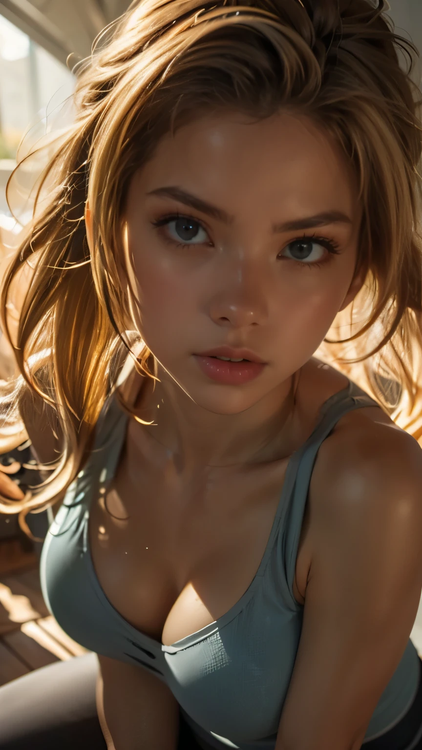 (((ultra realistic))), photo, masterpiece, best quality, trending on artstation, (long blonde hair:1.2), (detailed eyes:1.2), heavy eye makeup, mascara, detailed hair, shiny skin, (focus on face and cleavage:1.1) (detailed skin and pores:1.3), large breasts, cleavage, (wearing grey sports bra:1.3), (wearing yoga pants:1.1), slim waist, perfect hips, bokeh, depth of field, soft lighting, (play of light and shadow:1.2), ultra detailed