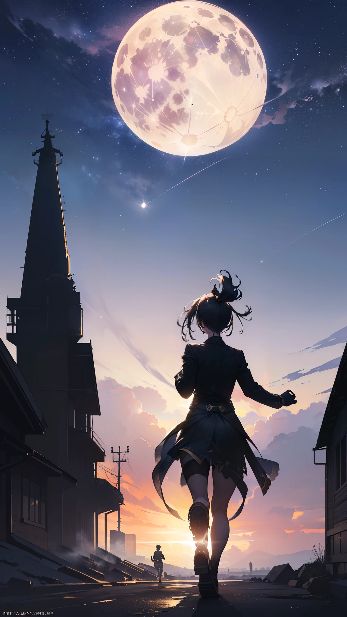 ((32k)), ((best quality)), ((ultra high res)), ((HDR)), ((UHD)), ((extremely detailed CG)), ((unity 32k wallpaper)), ((best quality starry sky)), ((best quality full moon)), (((best quality back))), ((best quality town)), ((((silhouette)))), (((silhouette human))), (((running))),