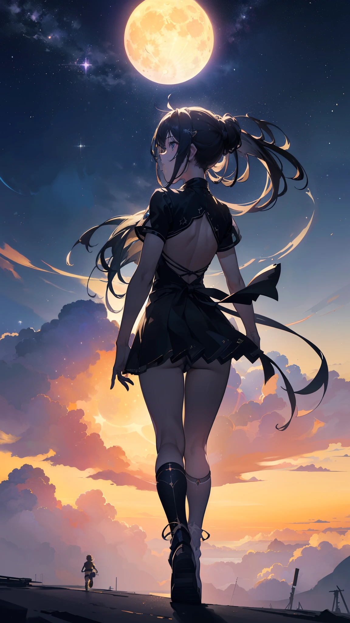 ((32k)), ((best quality)), ((ultra high res)), ((HDR)), ((UHD)), ((extremely detailed CG)), ((unity 32k wallpaper)), ((best quality starry sky)), ((best quality full moon)), (((best quality back))), ((best quality town)), ((((silhouette)))), (((silhouette human))), (((running))),