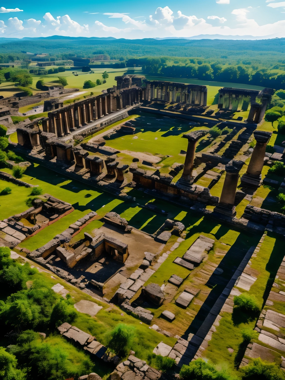 ancient ruins, damaged ruins, ultra detailed, high quality, 8k resolution, zoom out, angle from above