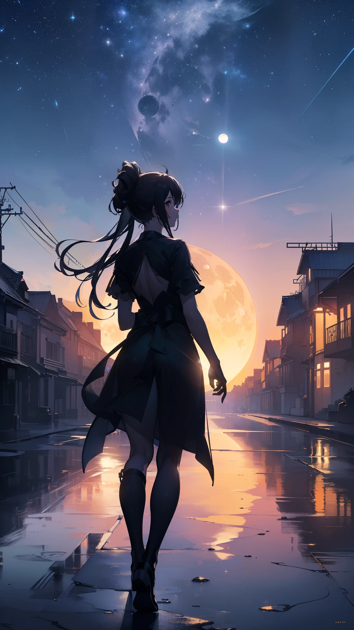 ((32k)), ((best quality)), ((ultra high res)), ((HDR)), ((UHD)), ((extremely detailed CG)), ((unity 32k wallpaper)), ((best quality starry sky)), ((best quality full moon)), (((best quality back))), ((best quality town)), ((((silhouette)))), (((silhouette human))), (((running))),