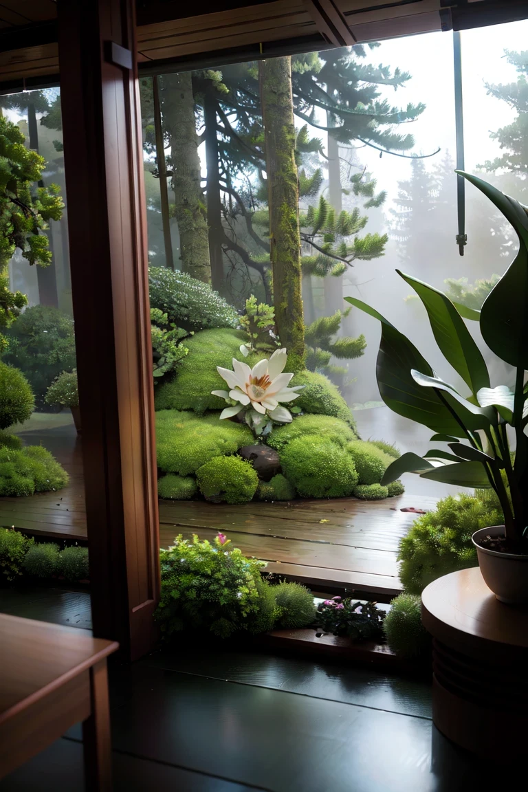 Forest rainy day, indoor landscape  