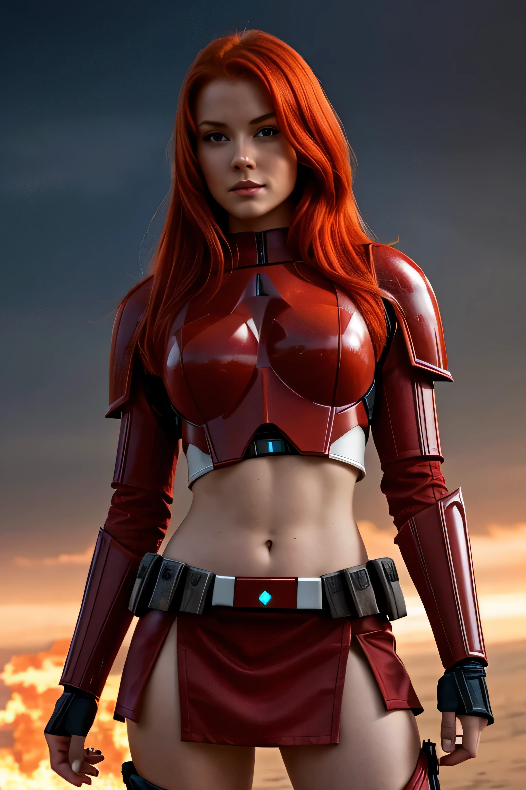 Stunningly beautifull red headed woman, perfect face. Perfect body with firm breasts and subtily pronounced abs. she is wearing a clone trooper armor from star wars, with a mini skirt over her armor