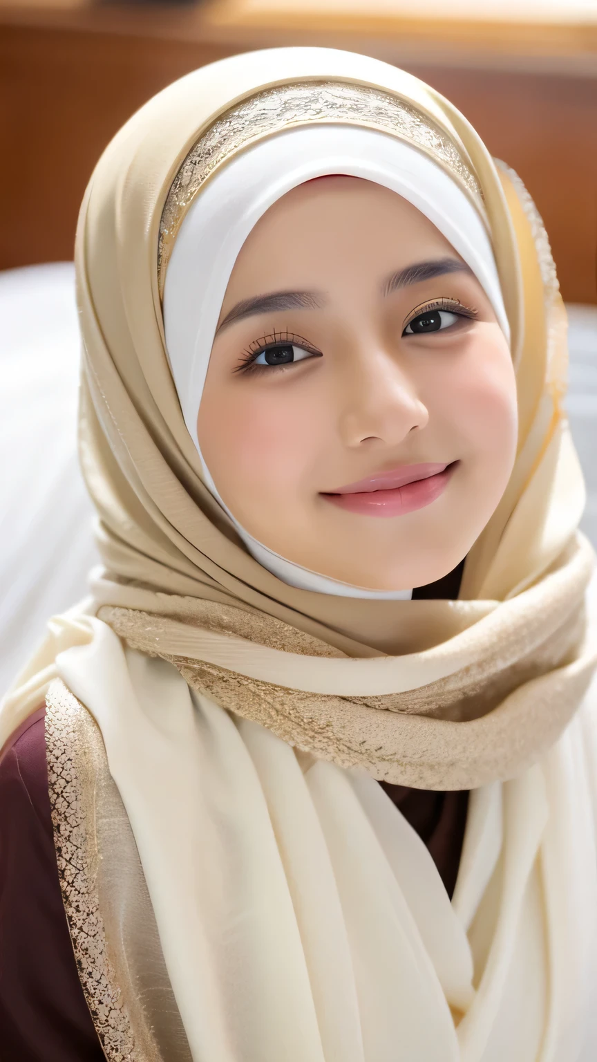 luxurious details, 8k, natural, realistic, extraordinary shots, ULTRA HD,
1 girl, 18 years old, smooth white face, white skin, big breasts, wearing a long white hijab covering the body, with decorations on the hijab, Muslim clothes for worship, beautiful face, pretty face, cute, curly eyelashes, beautiful eyes, sweet smile , sitting on the edge of the bed, images indonesian muslim, realistis,