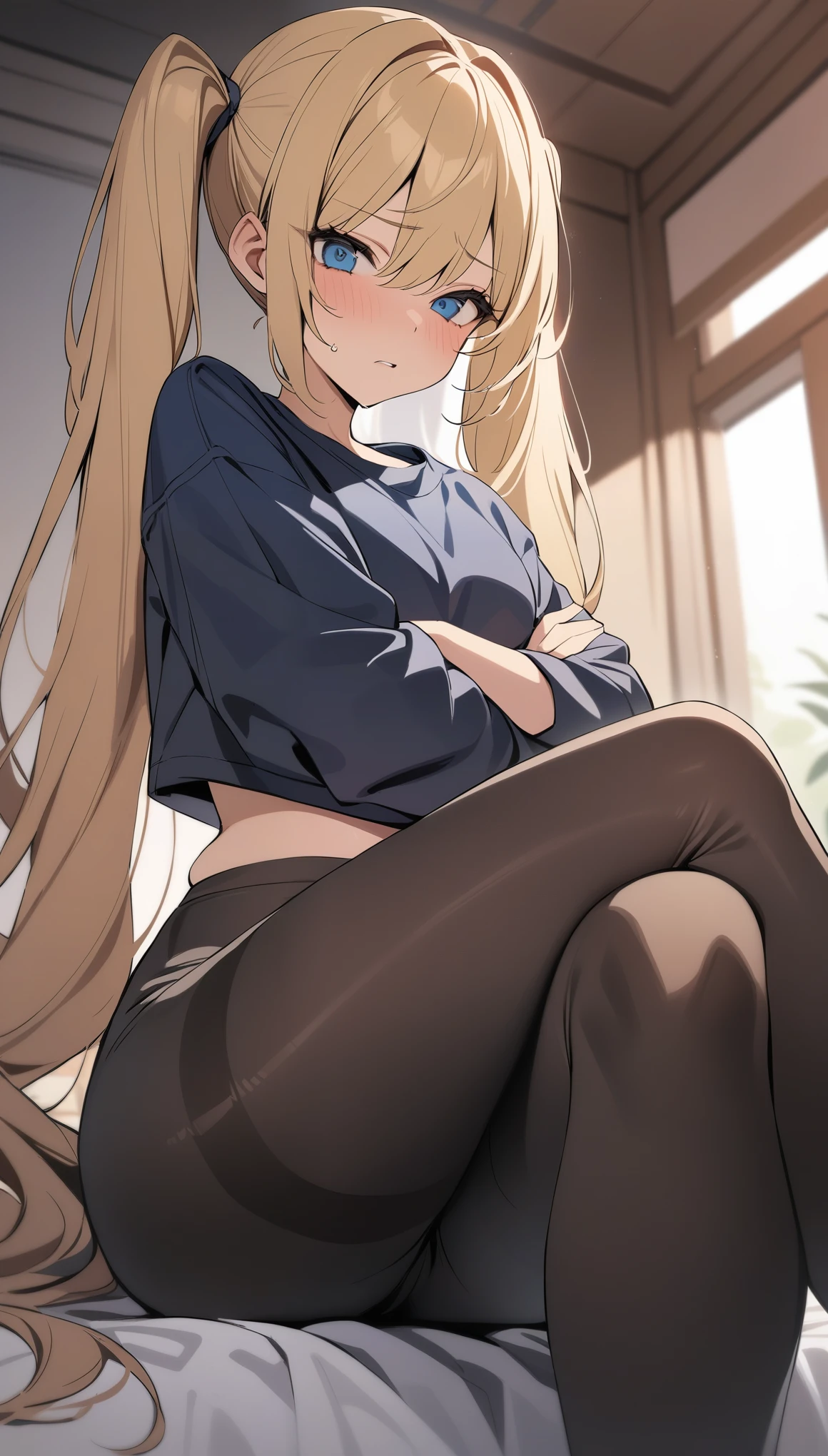 (masterpiece), best quality, expressive eyes, perfect face, tsundere, blue eyes, blonde, very long hair, twintails, oversized crop top, oversized clothes, black leggings, spandex, sitting, crossed legs, crossed arms, bedroom background,