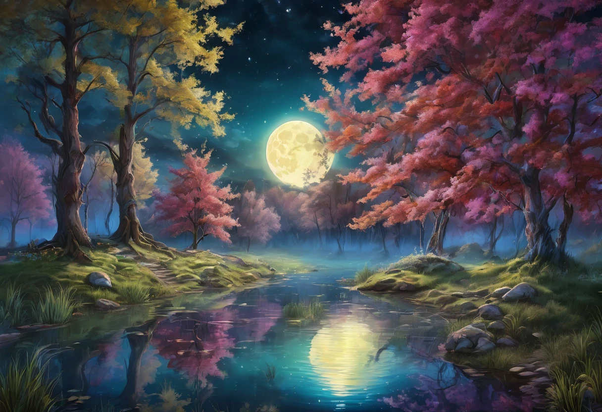 night pond:1.5, (masterpiece),(Best quality:1.0), (Ultra-high resolution:1.0), detailed illustration, detailed landscape, vibrant colors, 8K, night, moon clouds, (( magical, beautiful, trees:1.4 )), (( Best quality, vibrant, 32k light and well-defined shadows)).