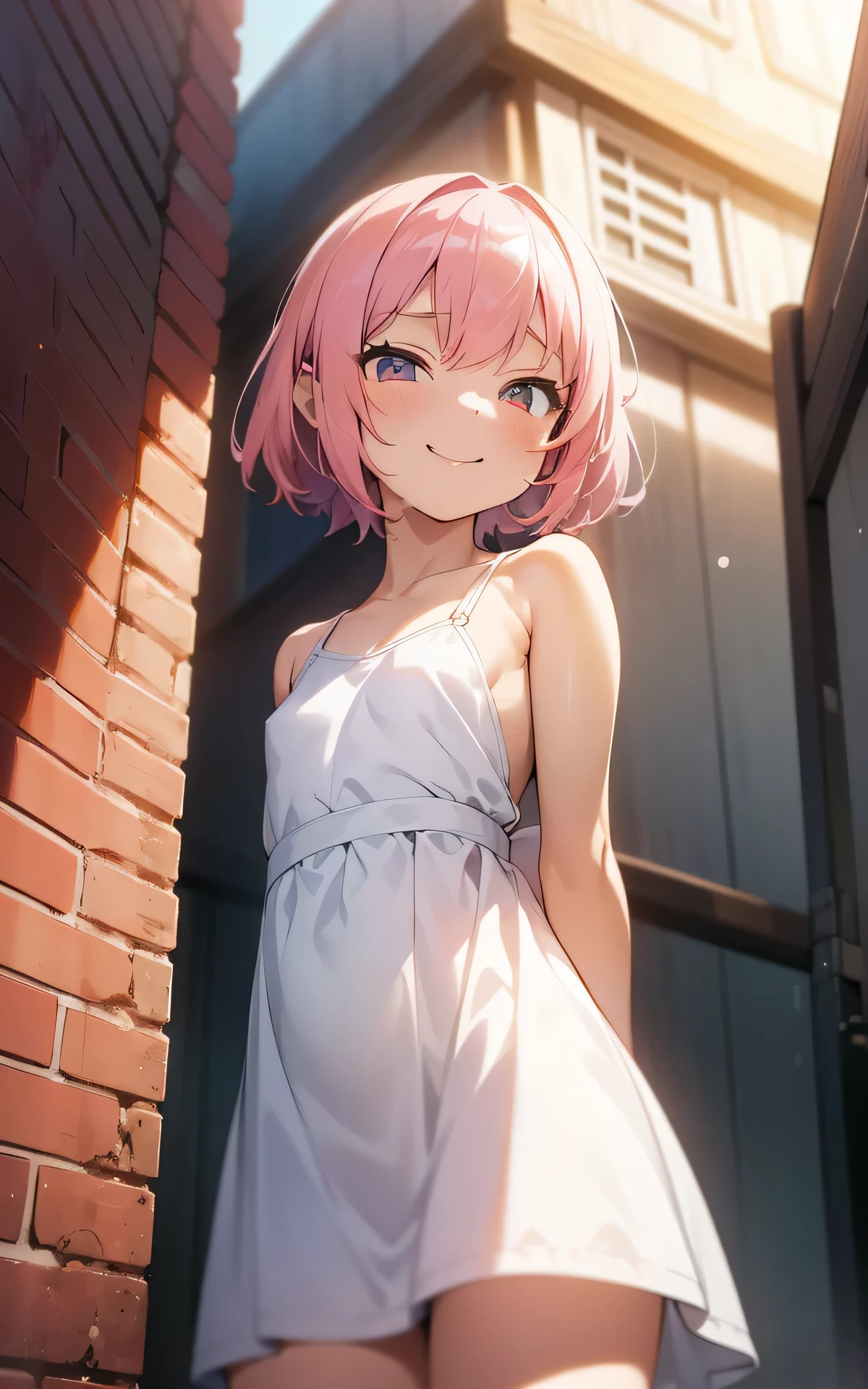 realisticlying，(from below:1.7)、flat color, anime coloring, extremely detailed CG、high resolution、absurderes、detailed background:1.3、1 girl、、( short stature:1.3、shiny skin、 small breasts、white casual dress、、seductive smile, arms behind back), back alley background, pink hair
