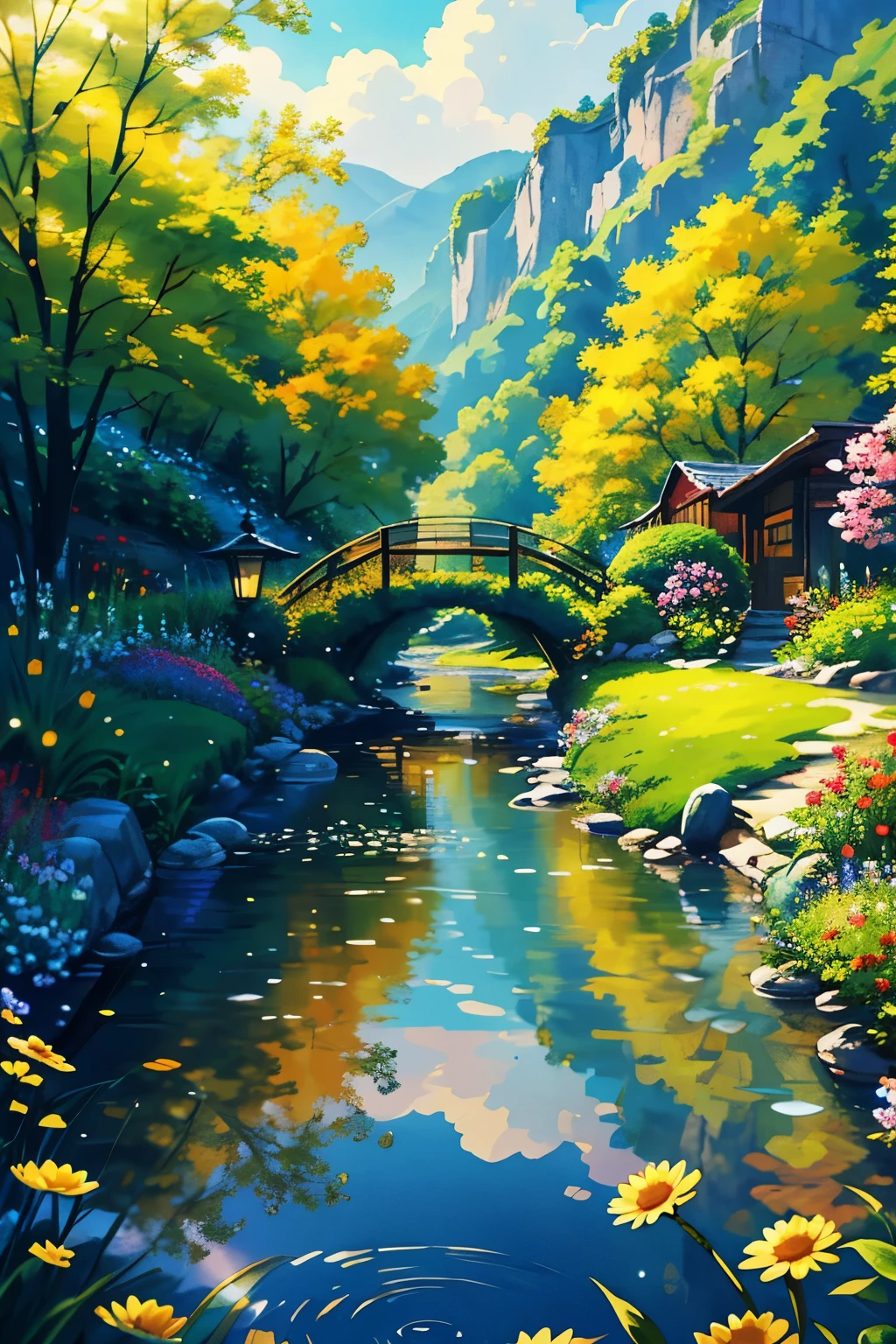 (Masterpiece) A stunning depiction of a picturesque village nestled amidst rolling hills, bathed in the warm glow of springtime. The vibrant colors of the flowers in full bloom reflect off the crystal-clear stream that flows through the heart of the village. Adorable animals, both domestic and wild, roam freely, adding a touch of whimsy to the idyllic scene. The artist's meticulous attention to detail brings every leaf, blade of grass, and feathered creature to life, creating a truly breathtaking masterpiece. The composition is enhanced by the use of dynamic lighting, casting delicate shadows that playfully dance across the landscape. This high-resolution artwork captures the essence of the season, immersing viewers in a world where the beauty of nature and the