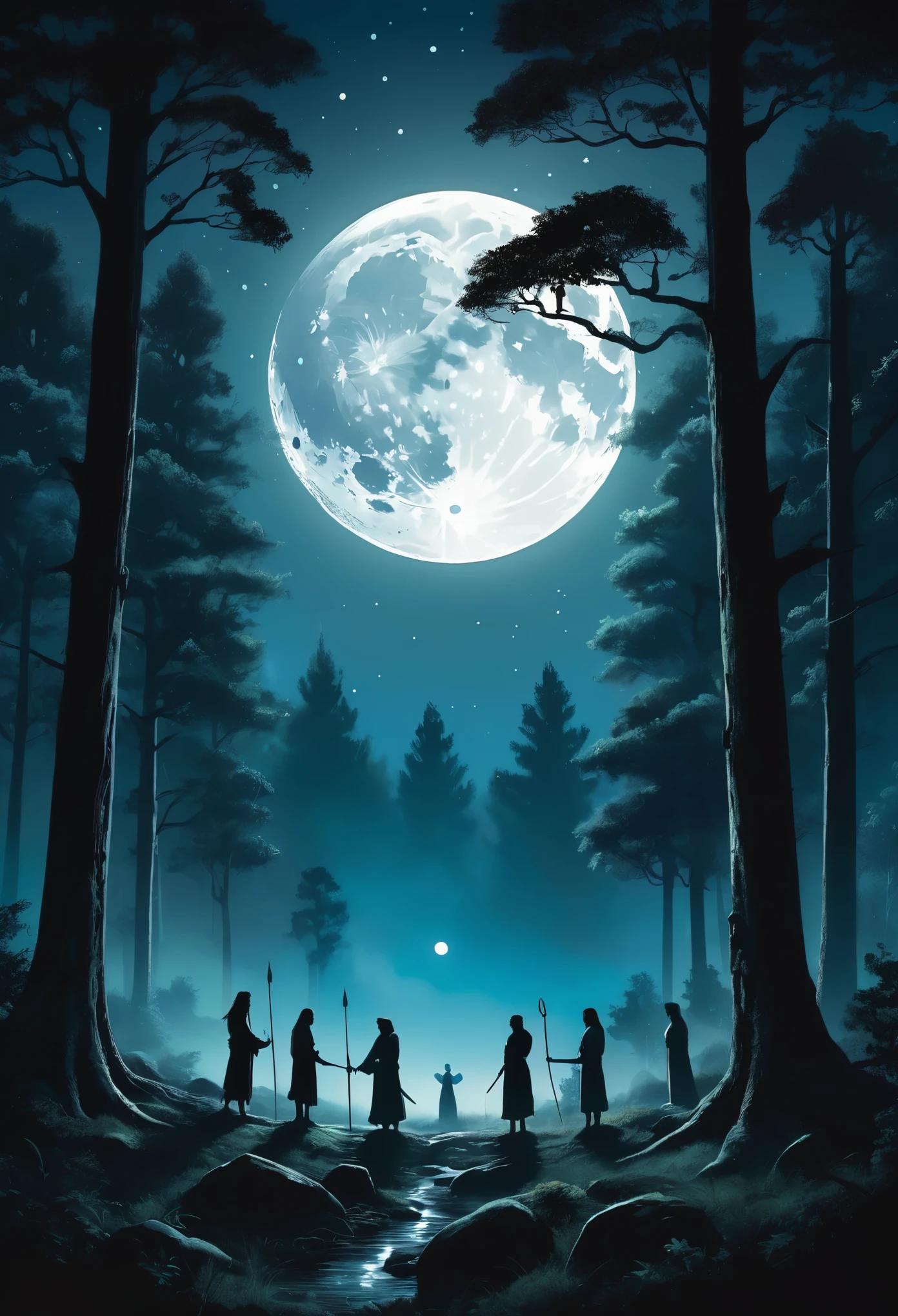 In a mystical forest at night, under the bright light of a full moon, ethereal figures gather in a clearing, surrounded by ancient, towering trees. Their silhouettes barely visible in the moonlight, they stand in a circle, their hands joined, as their hearts beat in unison with the rhythmic, deep sounds of earth's drums. The air around them vibrates with energy, and the scene is peaceful yet full of an ancient power. The moon casts a soft, illuminating glow over the figures, highlighting the connection between the natural world and the spiritual. Leaves gently rustle in the wind, adding a soft whisper to the symphony of sounds.