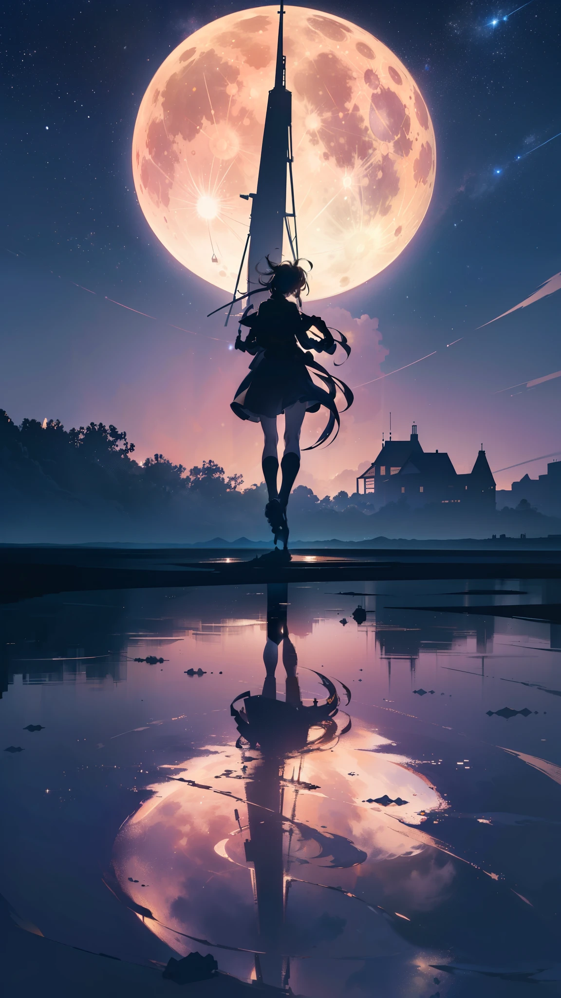 ((32k)), ((best quality)), ((ultra high res)), ((HDR)), ((UHD)), ((extremely detailed CG)), ((unity 32k wallpaper)), ((best quality starry sky)), ((best quality full moon)), (((best quality back))), ((best quality town)), ((((silhouette)))), (((silhouette human))), (((running))),