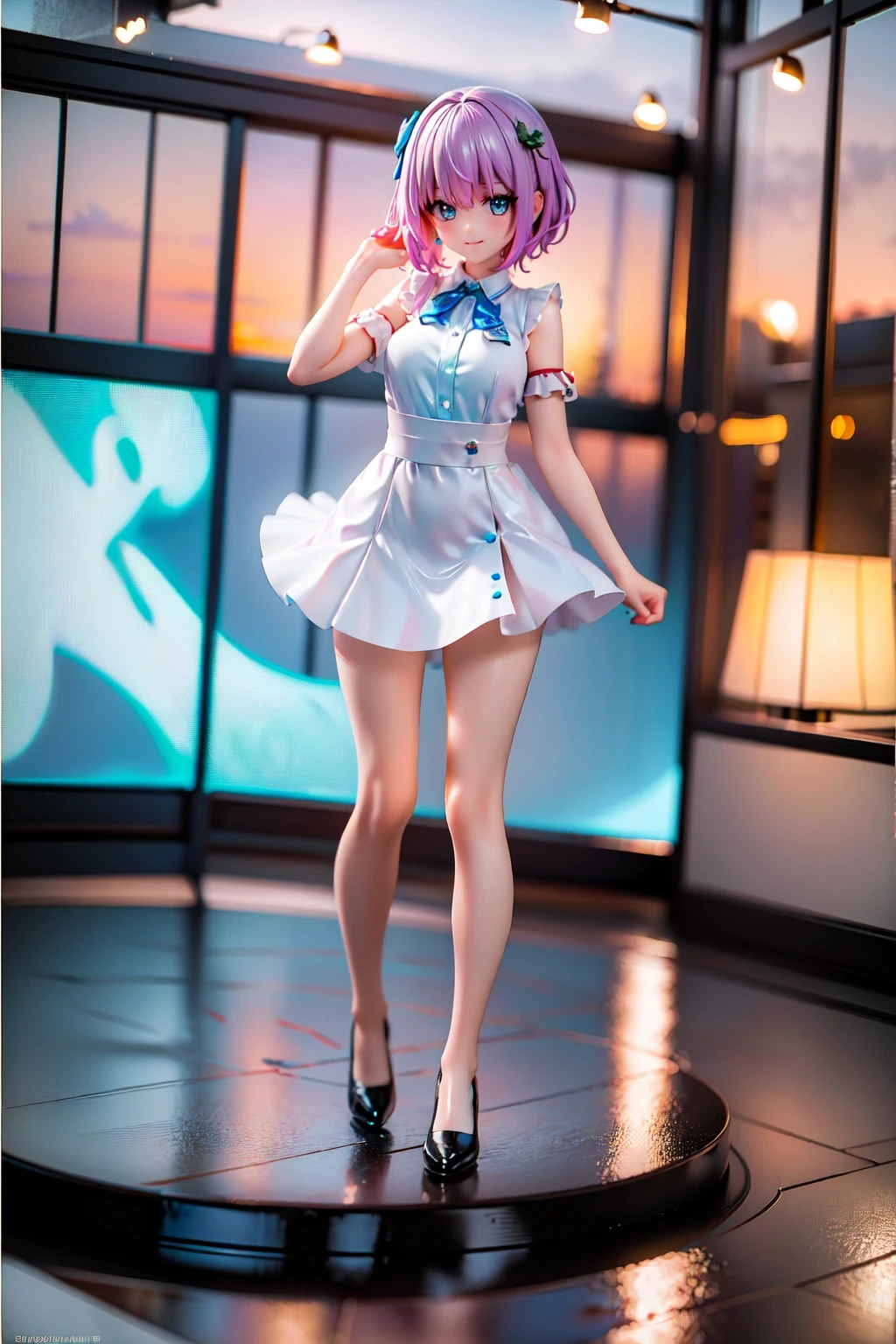 (8K, best quality, masterpiece:1.2), (SFW:1.3), (actual, photo-actual:1.37), Super detailed, 1 girl,Lovely, alone,beautiful detailed sky,Detail of cafe,night,sitting,Dating,(nose blushing),(Smile:1.1),(Keep your mouth shut) medium breasts,Beautiful and delicate eyes,(collared shirt:1.1), bowtie,pleated skirt,(short hair:1.2),flowing hair