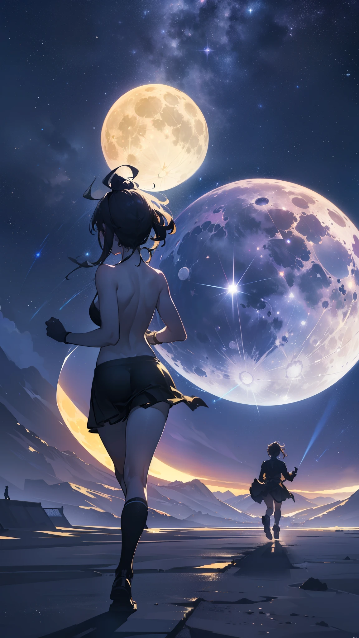 ((32k)), ((best quality)), ((ultra high res)), ((HDR)), ((UHD)), ((extremely detailed CG)), ((unity 32k wallpaper)), ((best quality starry sky)), ((best quality full moon)), (((best quality back))), ((best quality town)), ((((silhouette)))), (((silhouette human))), (((running))), 