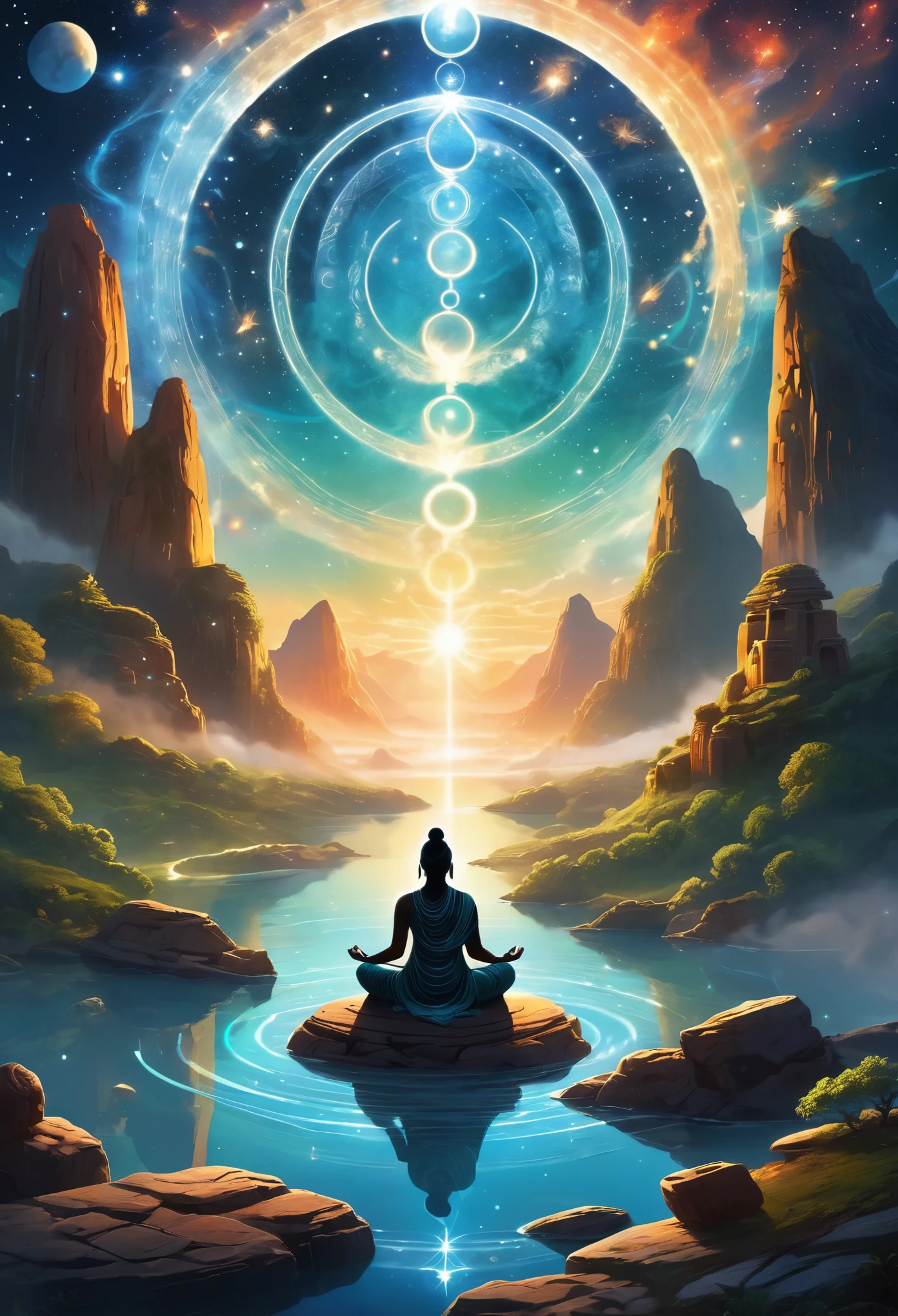 In an ancient, starlit sky, ethereal forms made of light and shadow chant an ancient mantra, surrounded by symbols of nature and the universe. These figures are seated in a circle, atop a hill that overlooks a vast, untouched landscape. The air around them pulsates with a powerful, serene energy, as the very breath of the world and the voice of the ancients flow through them. Each chant - Aaah, Oooh, Eeee, Aaah - sends ripples through the air, symbolizing the unity and freedom that comes from ancient wisdom. The scene is bathed in a soft, celestial glow, emphasizing the sacred connection between all living beings and the cosmos.,