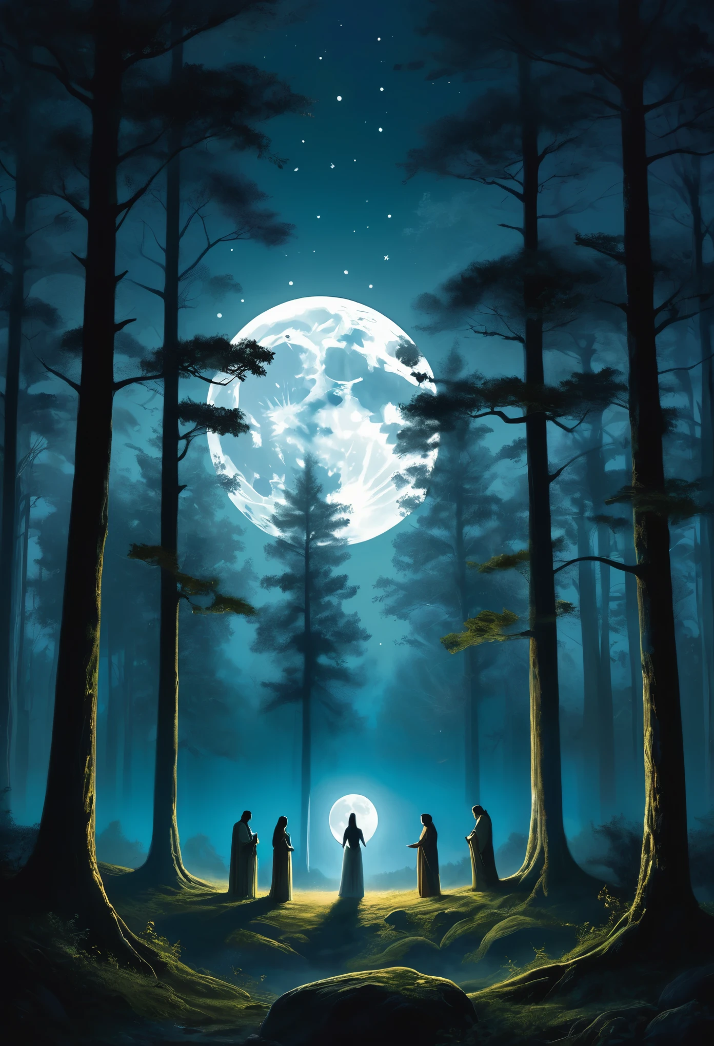 In a mystical forest at night, under the bright light of a full moon, ethereal figures gather in a clearing, surrounded by ancient, towering trees. Their silhouettes barely visible in the moonlight, they stand in a circle, their hands joined, as their hearts beat in unison with the rhythmic, deep sounds of earth's drums. The air around them vibrates with energy, and the scene is peaceful yet full of an ancient power. The moon casts a soft, illuminating glow over the figures, highlighting the connection between the natural world and the spiritual. Leaves gently rustle in the wind, adding a soft whisper to the symphony of sounds.