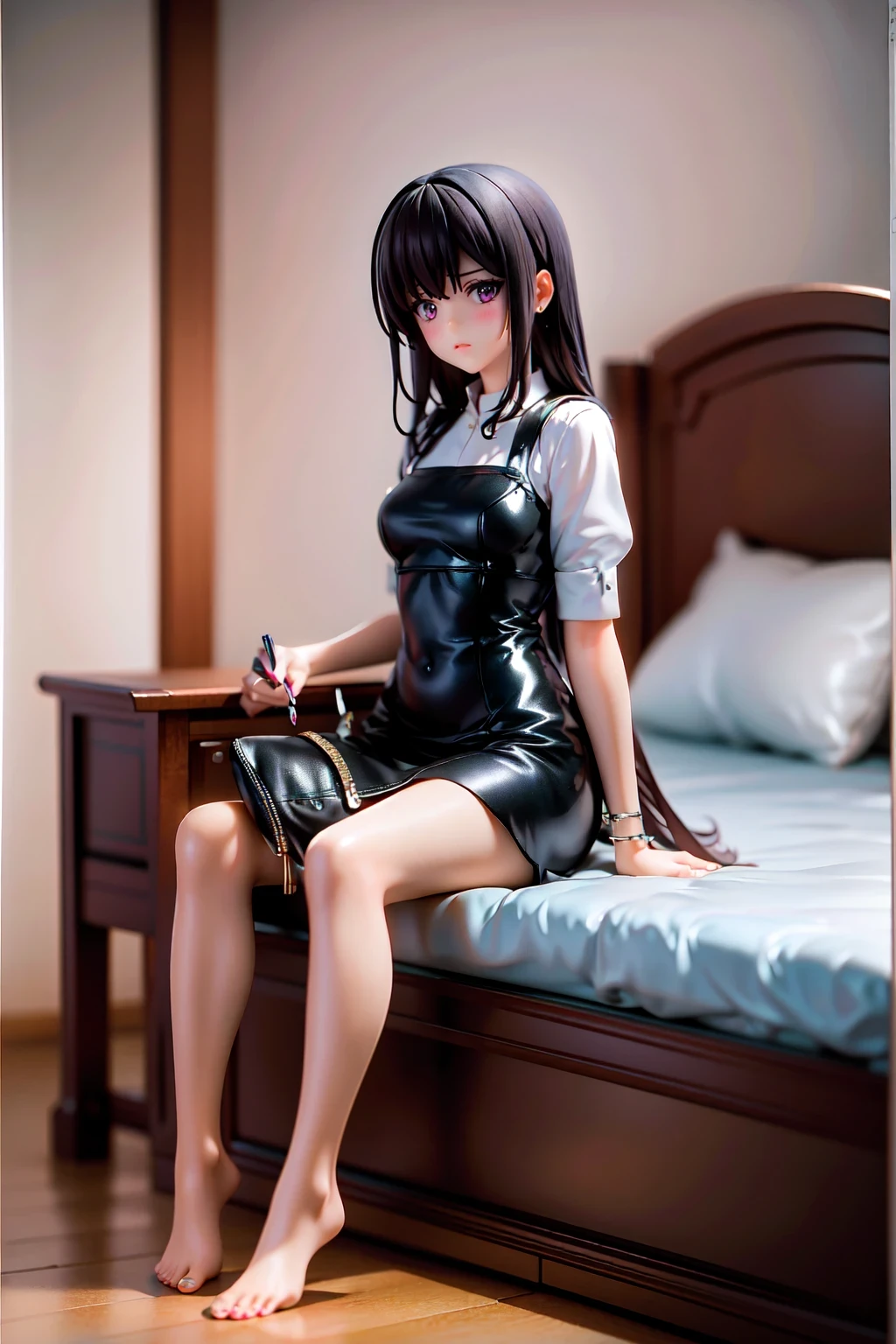 masterpiece, best quality, 1 girl, alone, Influence, dark background, In the room at night,A girl answers the phone in bed,Serious expression