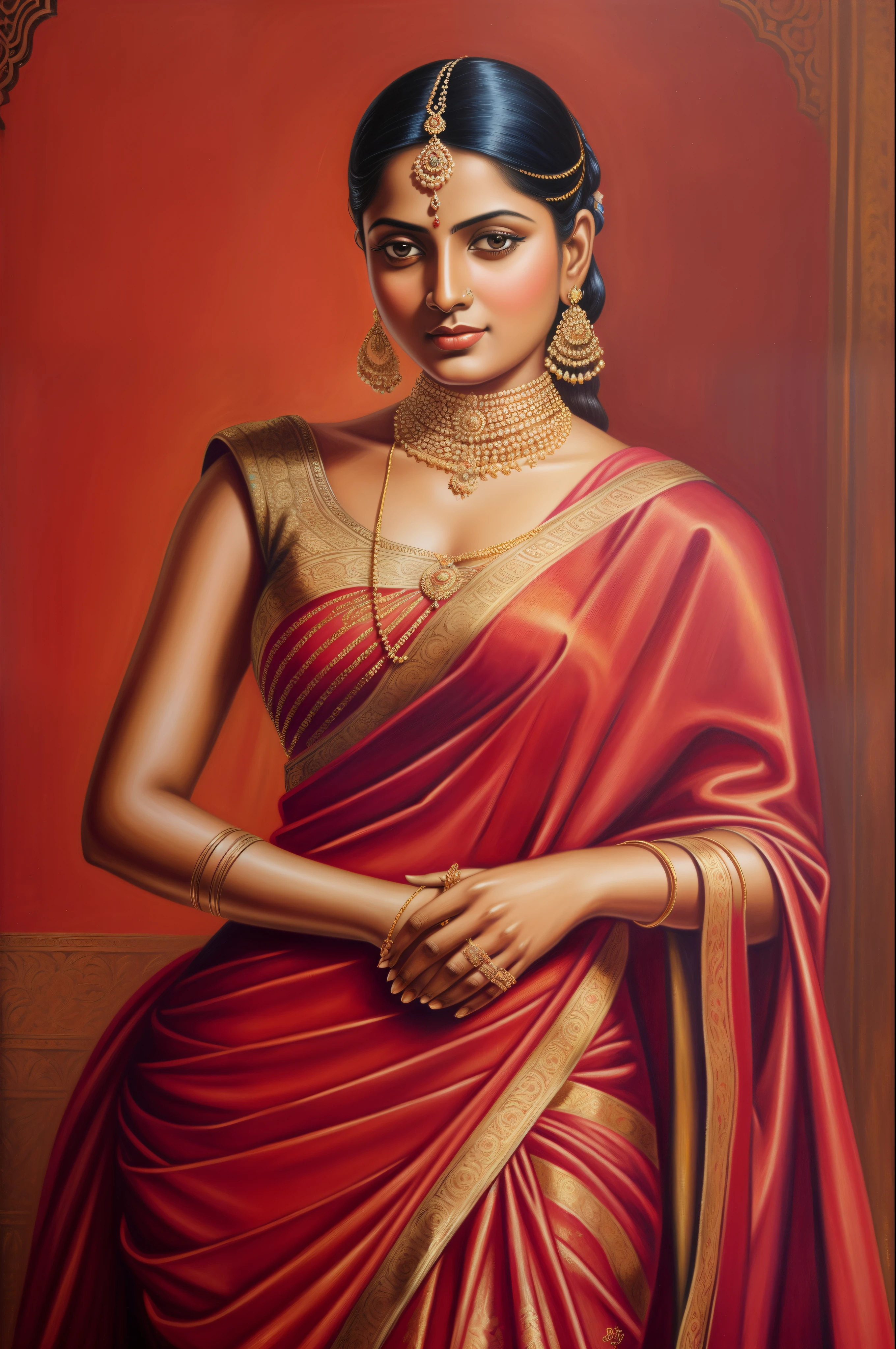 painting of a woman in a blue dress with a gold necklace, inspired by Raja Ravi Varma, by Raja Ravi Varma, portrait of a beautiful goddess, a stunning portrait of a goddess, portrait of modern darna, beautiful face , enchantress, ravishing beauty, perfect hands and fingers, charming, portrait of a goddess, indian girl with brown skin, portrait painting of a princess, gorgeous woman, oil painting of realistic woman, indian empress