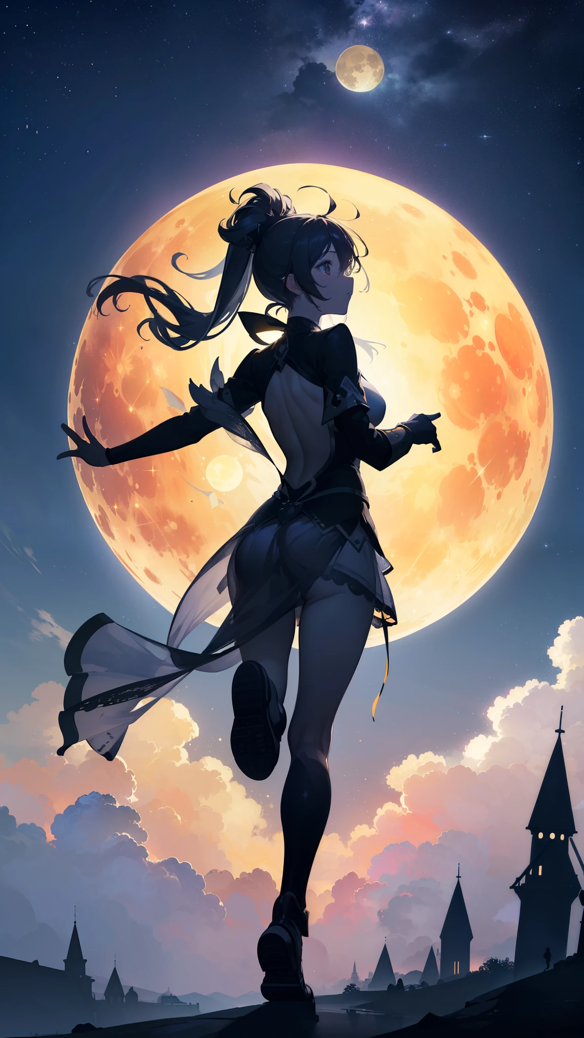 ((32k)), ((best quality)), ((ultra high res)), ((HDR)), ((UHD)), ((extremely detailed CG)), ((unity 32k wallpaper)), ((best quality starry sky)), ((best quality full moon)), (((best quality back))), ((best quality town)), ((((silhouette)))), (((silhouette human))), (((running))),
