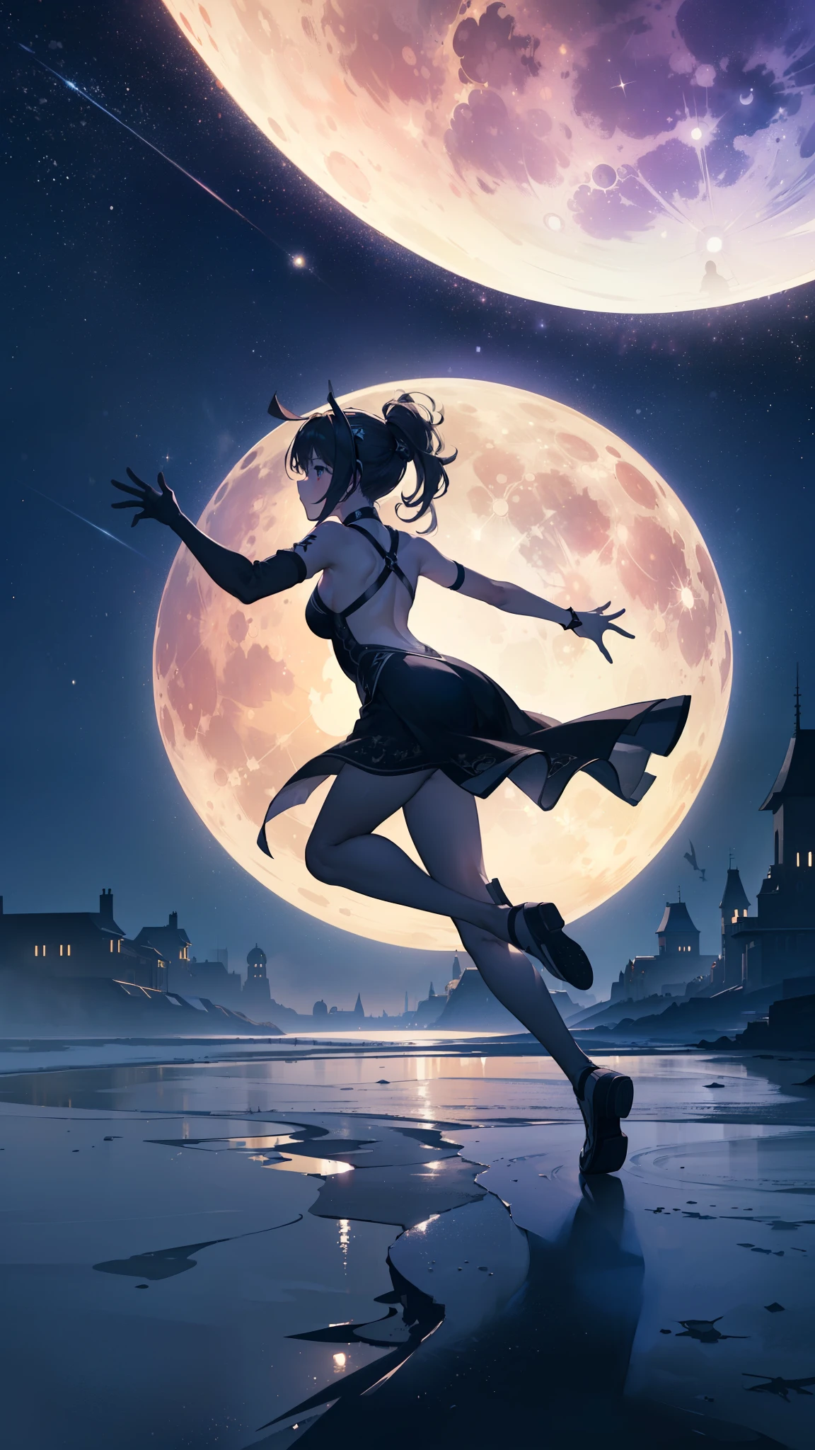 ((32k)), ((best quality)), ((ultra high res)), ((HDR)), ((UHD)), ((extremely detailed CG)), ((unity 32k wallpaper)), ((best quality starry sky)), ((best quality full moon)), (((best quality back))), ((best quality town)), ((((silhouette)))), (((silhouette human))), (((running))), 