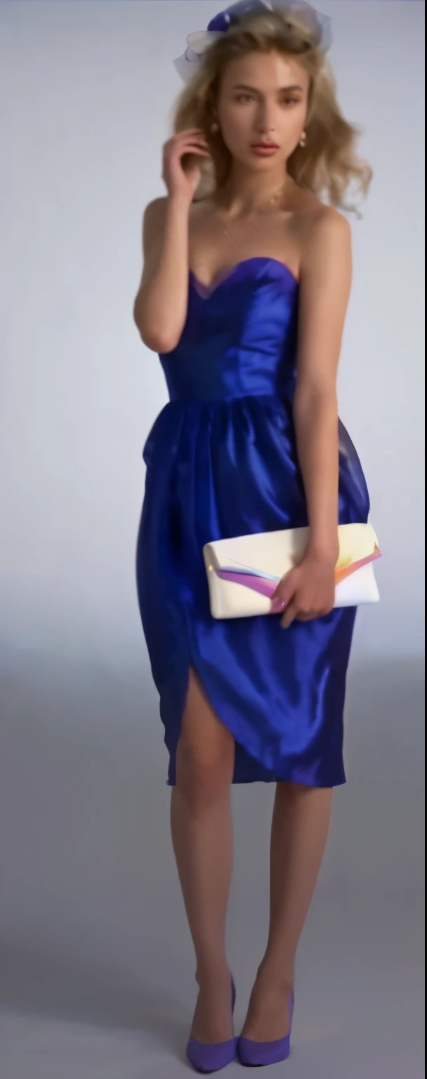 arafed woman in a blue dress holding a white purse, wearing a cocktail dress, wearing an elegant dress, wearing a formal dress, wearing a blue dress, wearing blue dress, wearing purple strapless dress, wearing an evening gown, colorful dress, color blocking!, blue silk dress, colour blocking, dressed in colorful silk, bright style, a blue dress