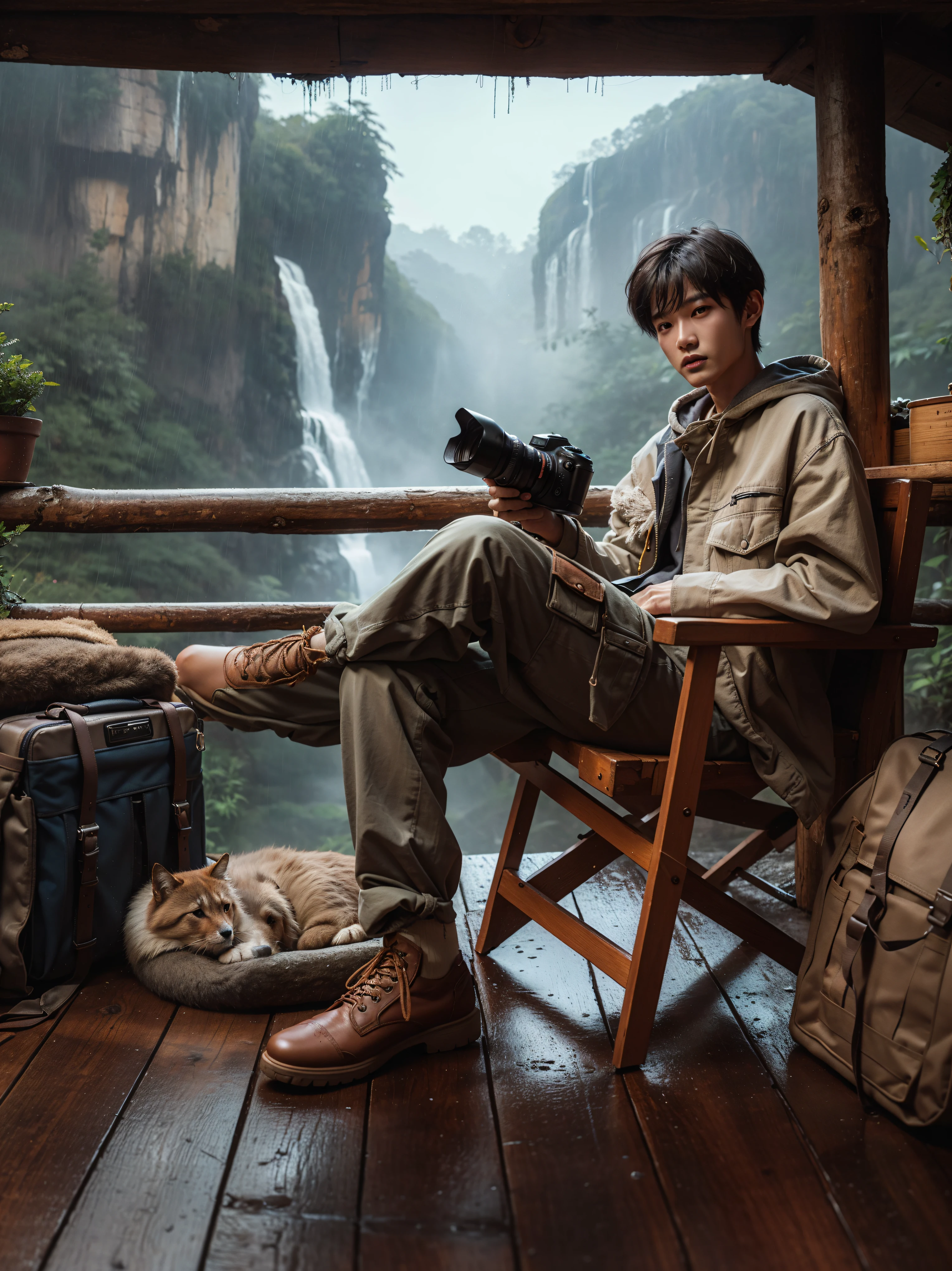 arafed man sitting in a chair with a camera and a dog, national geographic photoshoot, cinematic. by leng jun, by Fei Danxu, next to a waterfall, cai xukun, portrait of an adventurer, by Yang J, by Ni Yuanlu, realistic fantasy photography, national geographic photo shoot, highly realistic photography, by Wen Zhenheng