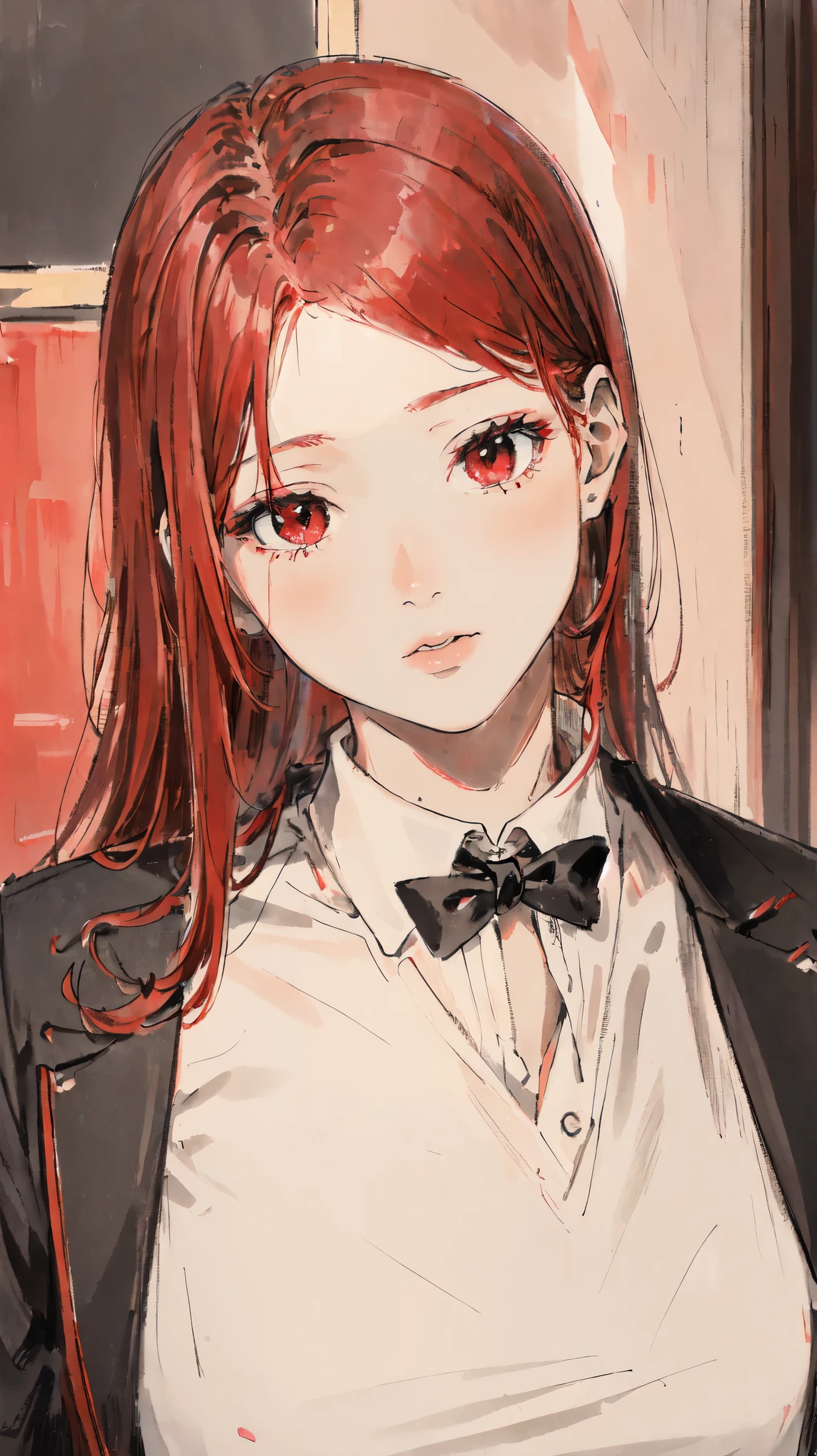((masterpiece)),((best quality)),((high detail)),((realistic,)),1girl,red hair,wite shirt with black tie,adult,adult face