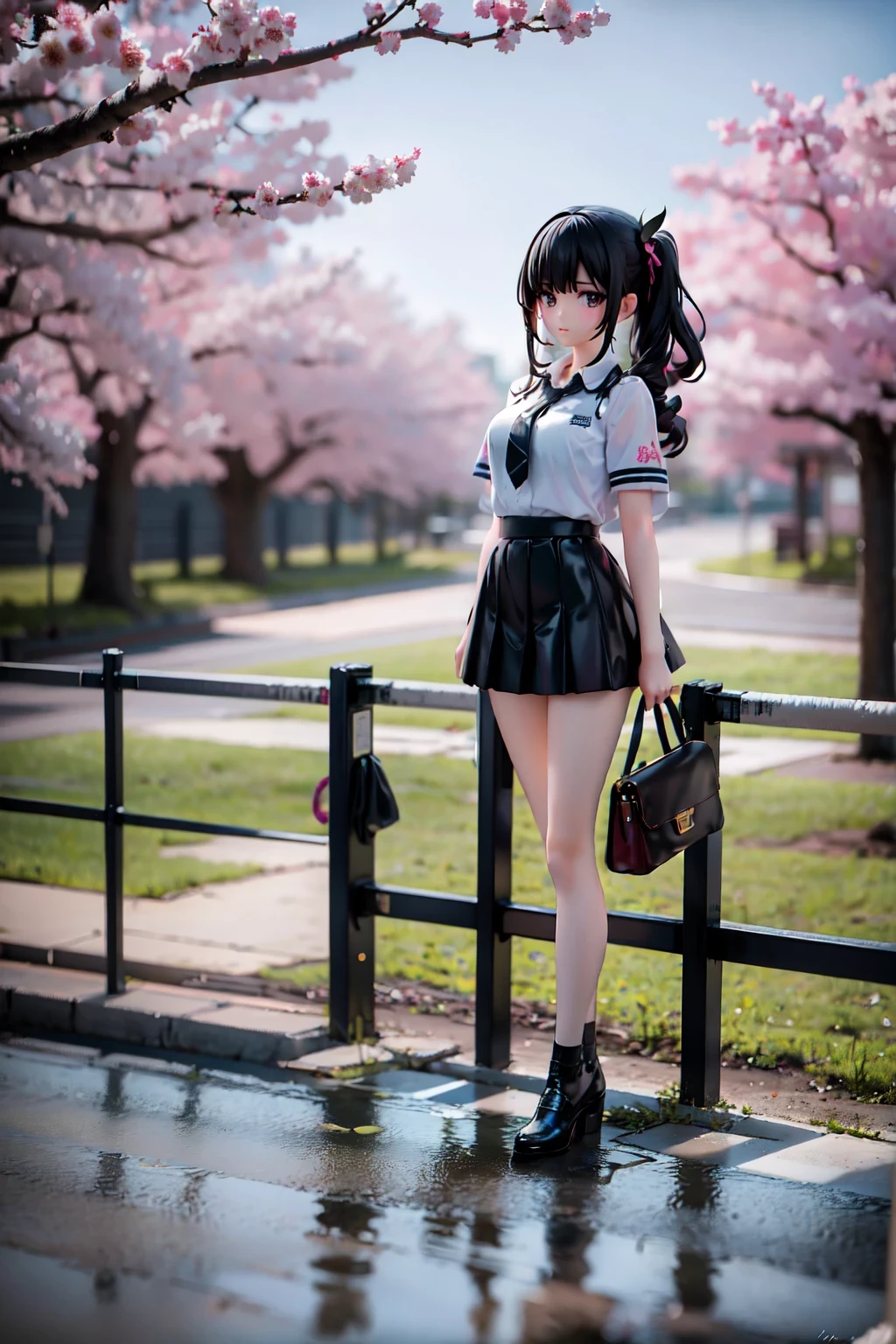 1girl, black skirt, branch, building, chain-link fence, cherry blossoms, fence, long hair, outdoors, petals, pleated skirt, rain, shirt, short sleeves, skirt, solo, standing, tree,
sky,street