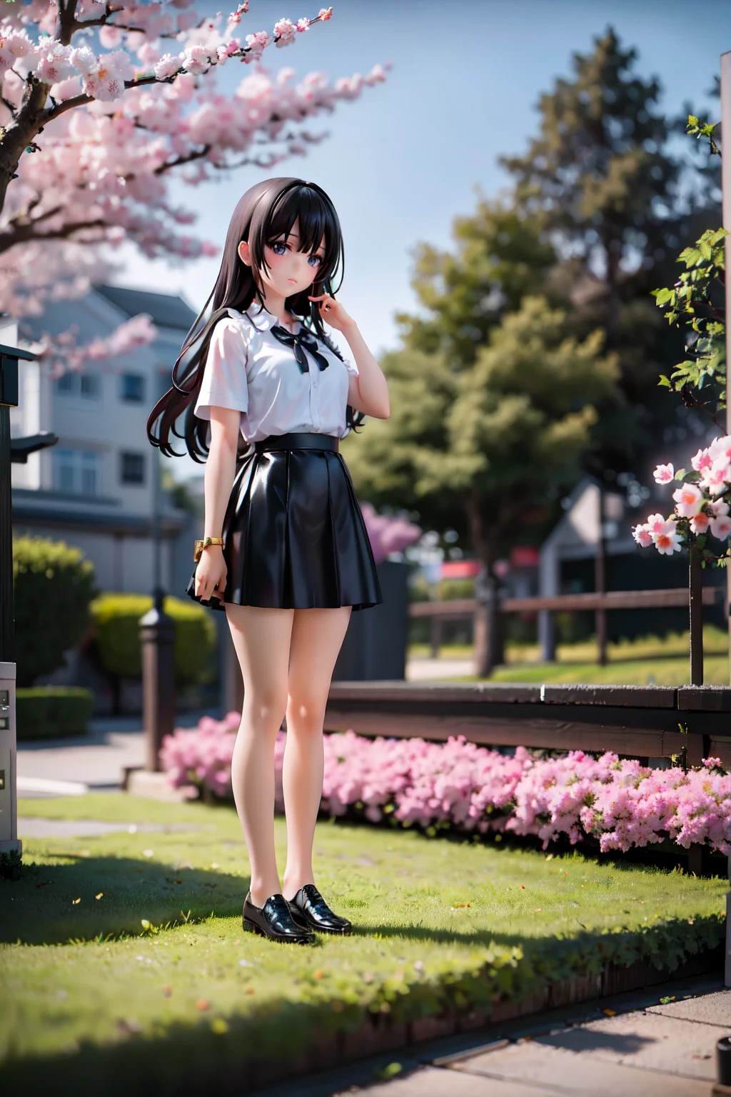 1girl, black skirt, branch, building, chain-link fence, cherry blossoms, fence, long hair, outdoors, petals, pleated skirt, rain, shirt, short sleeves, skirt, solo, standing, tree,
sky,street