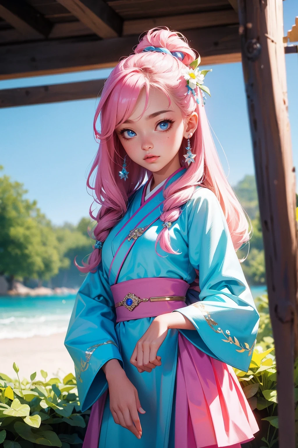 (finely detailed beautiful eyes and detailed face,masterpiece sidelighting,masterpiece,best quality,detailed,High resolution illustration),, (1 girl,whole body,beautiful girl,shiny skin,look down,looking at the audience),, (pink hair,blue eyes,ribbon,Hanbok, korean clothes), (clothed_Lower chest圍:1.2),Lower chest,