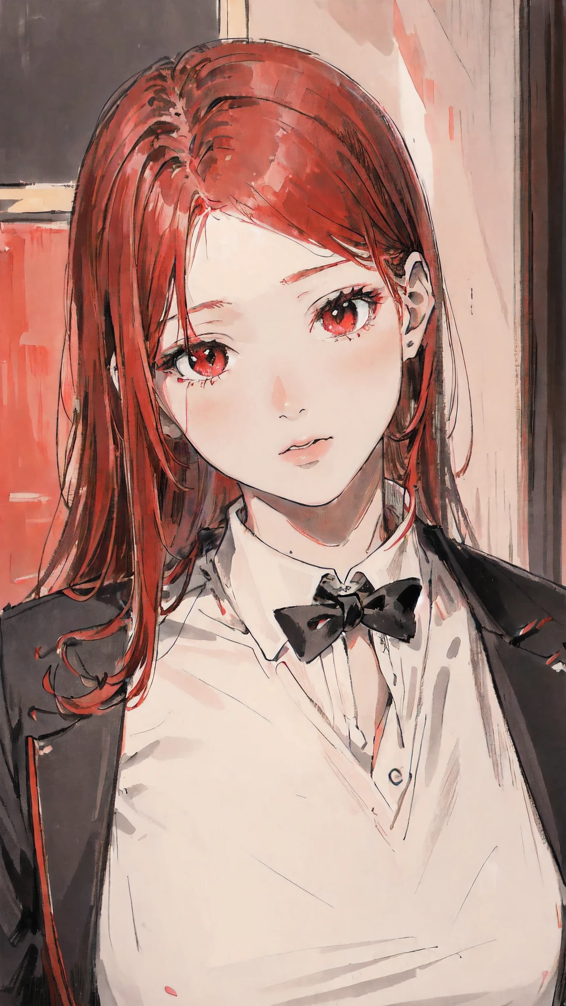 ((masterpiece)),((best quality)),((high detail)),((realistic,)),1girl,red hair,wite shirt with black tie,adult,adult face